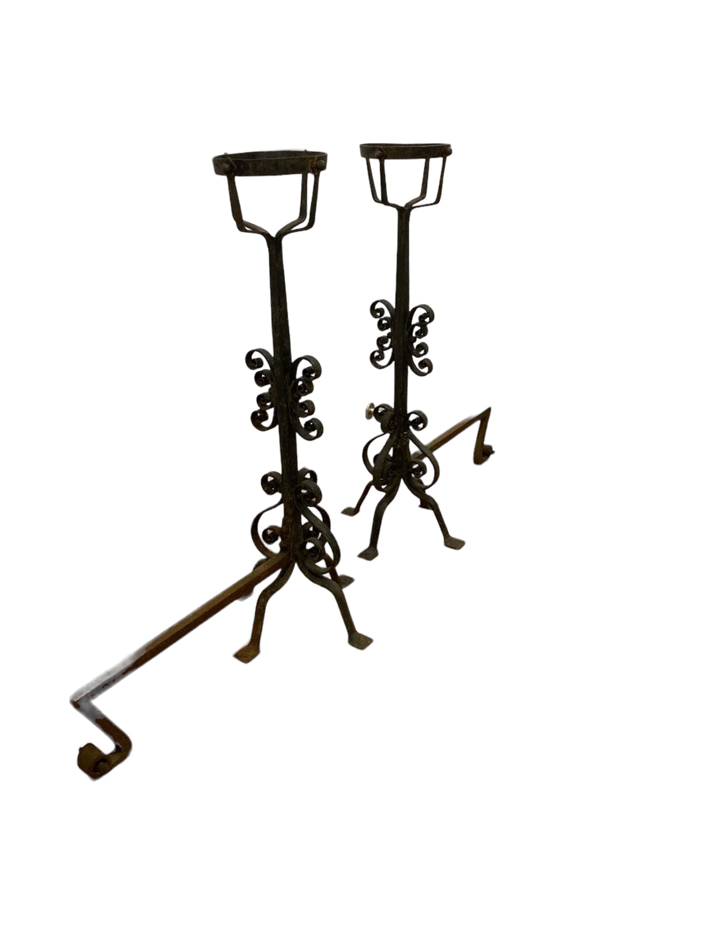 A pair of Large French Wrought Iron Fire Dogs with large fire baskets