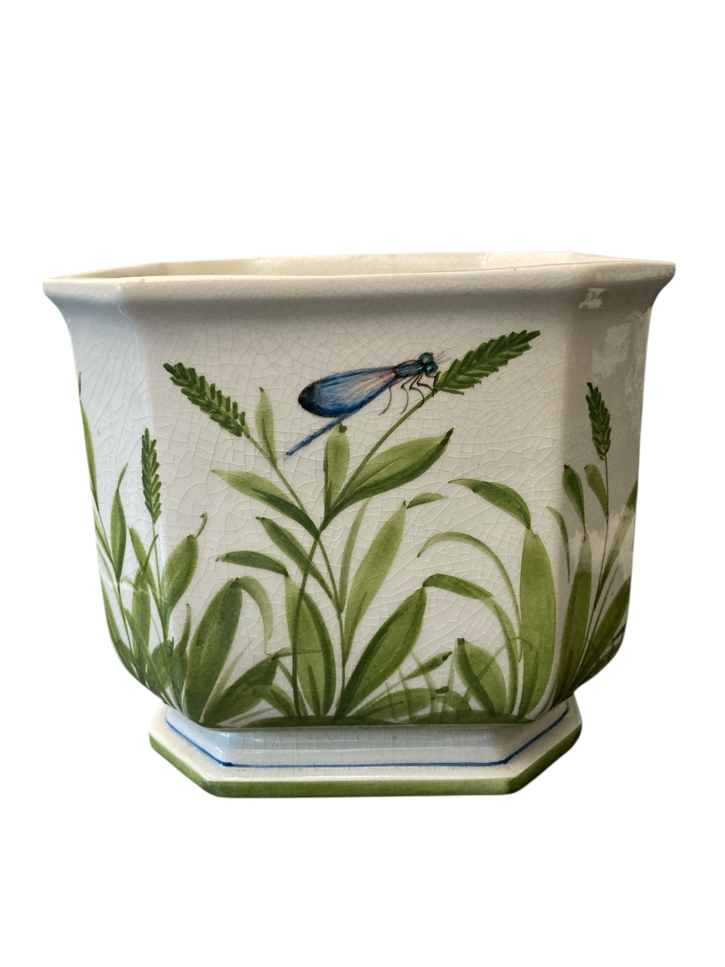 Italian Ceramic Flower or Plant Holder Planter Cachepot with Dragonfly Design