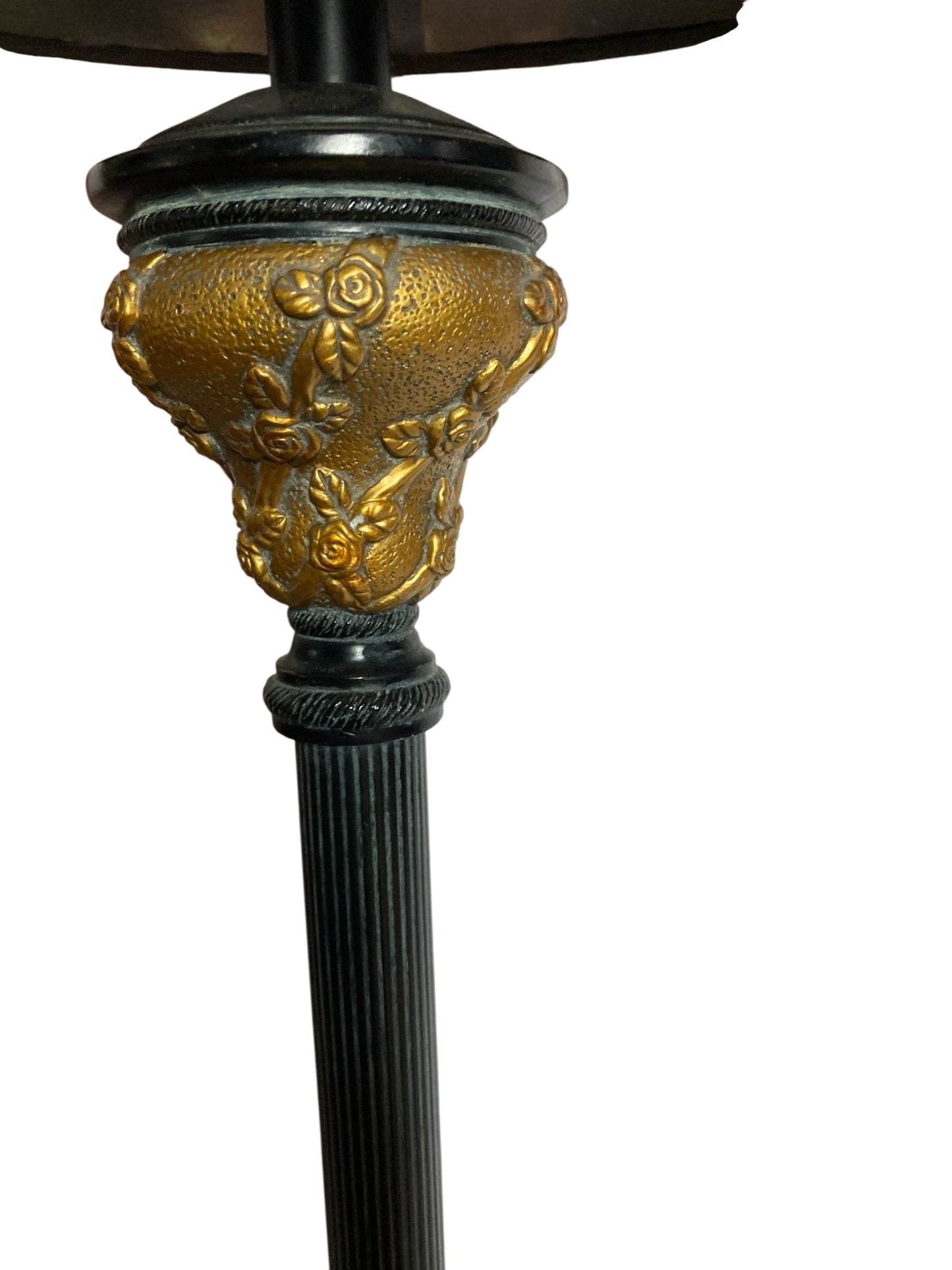 Black and Gold Corinthian Style Table Lamp Grey Velvet Shade with Rose floral decor