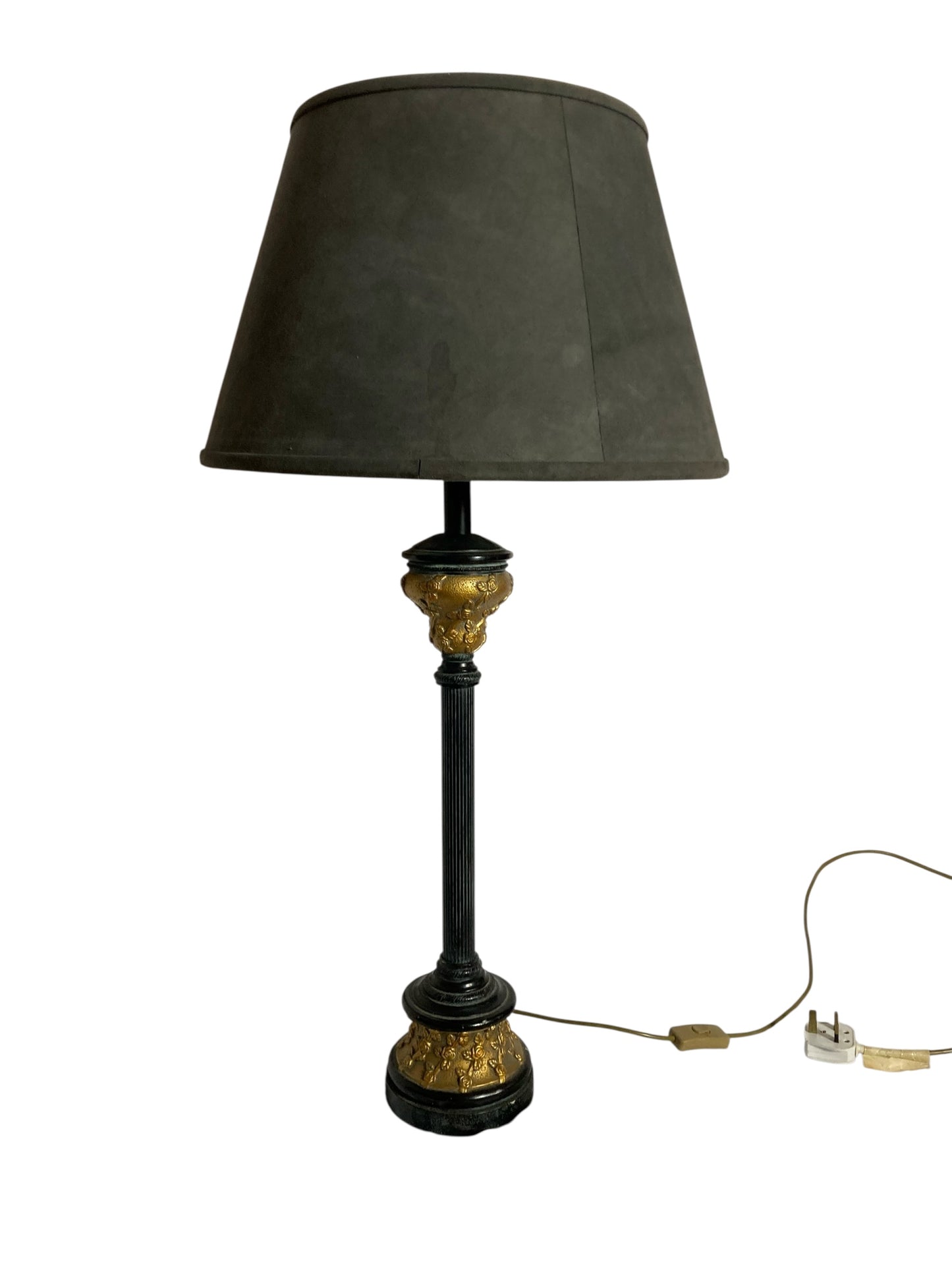 Black and Gold Corinthian Style Table Lamp Grey Velvet Shade with Rose floral decor