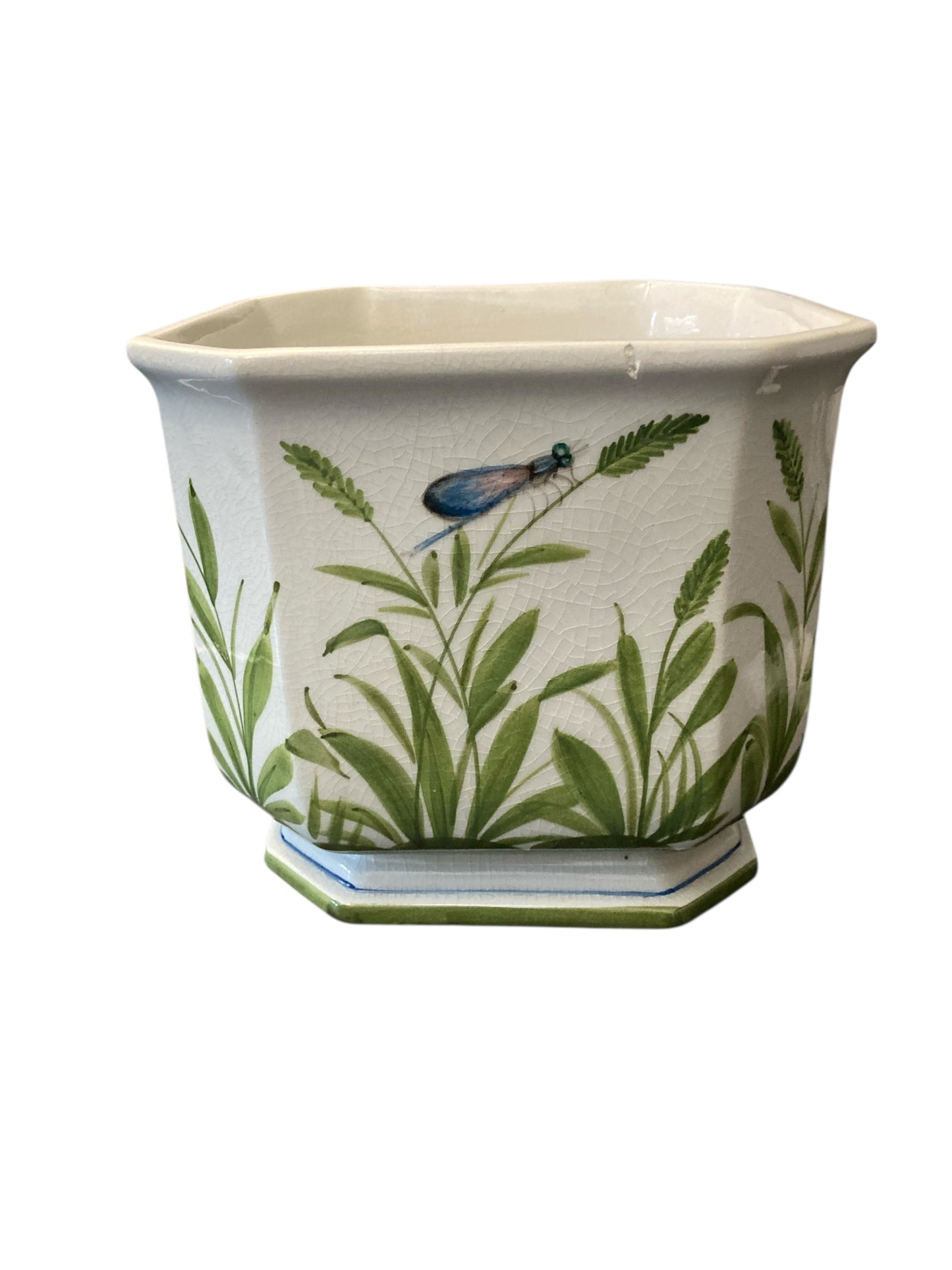 Italian Ceramic Flower or Plant Holder Planter Cachepot with Dragonfly Design
