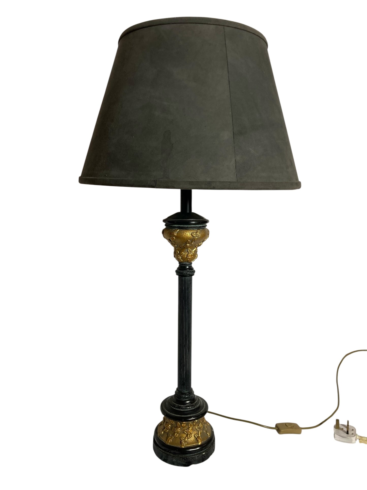 Black and Gold Corinthian Style Table Lamp Grey Velvet Shade with Rose floral decor