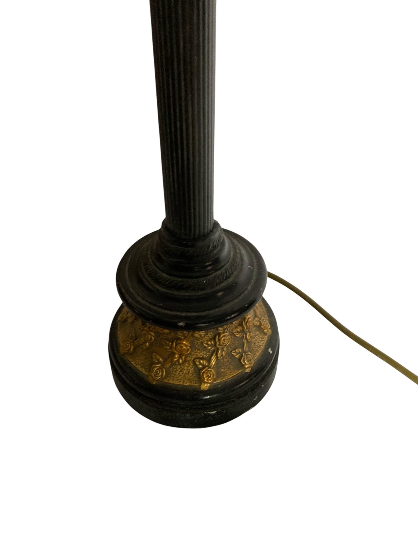 Black and Gold Corinthian Style Table Lamp Grey Velvet Shade with Rose floral decor