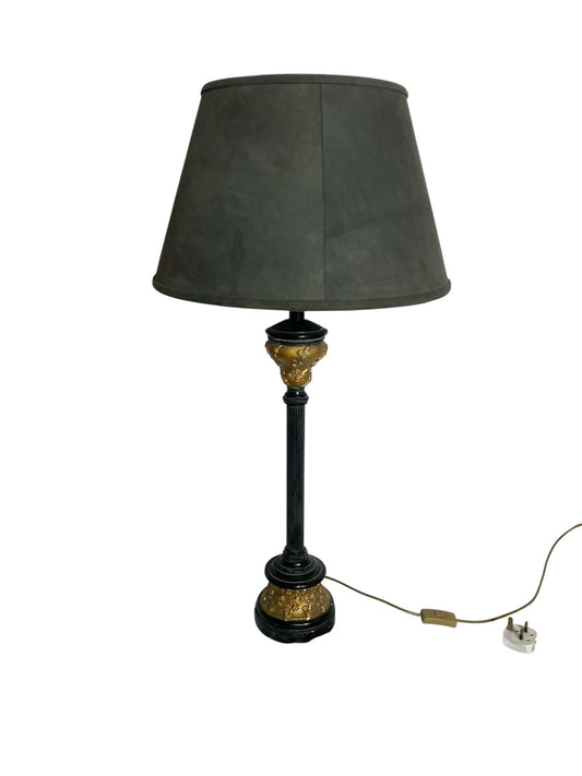 Black and Gold Corinthian Style Table Lamp Grey Velvet Shade with Rose floral decor