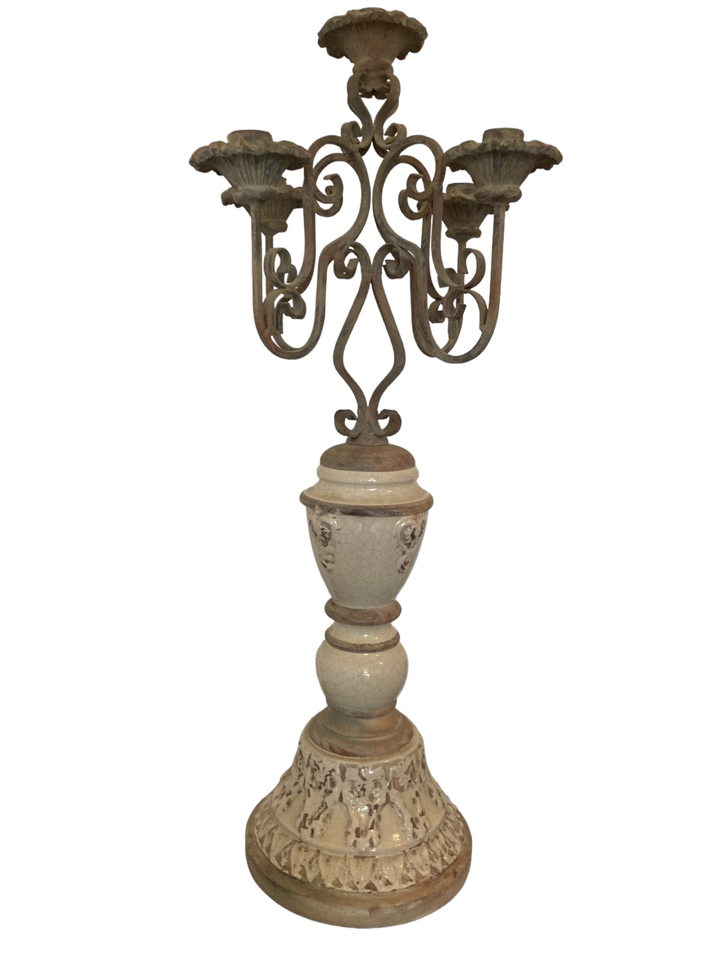 Gothic Style Five candle candelabra wrought iron with ceramic base from Germany