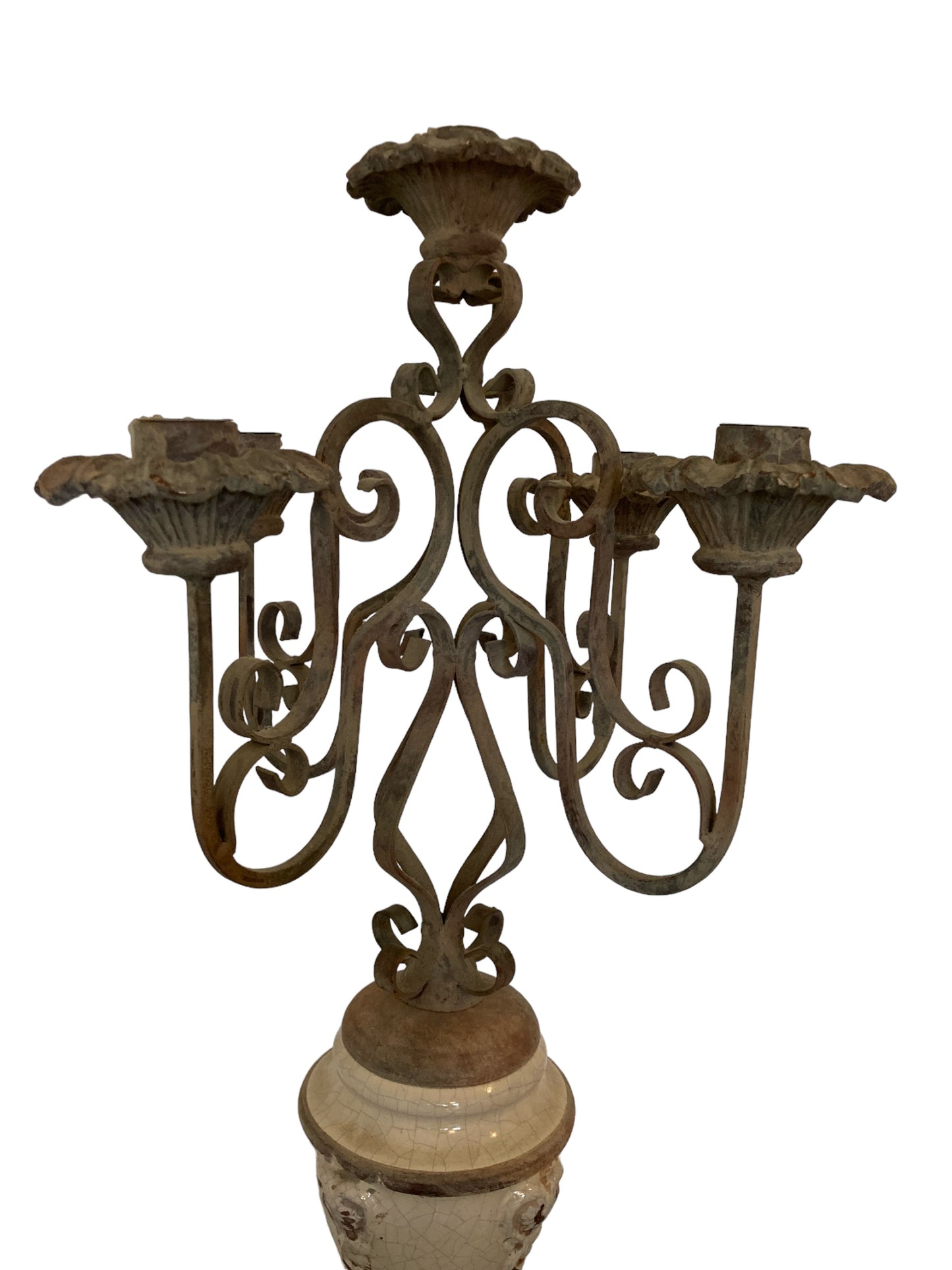 Gothic Style Five candle candelabra wrought iron with ceramic base from Germany