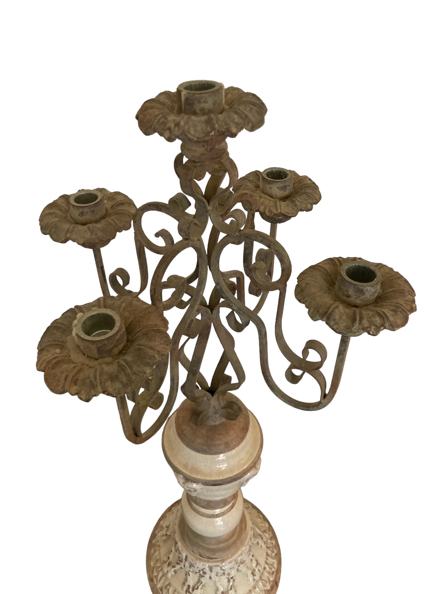 Gothic Style Five candle candelabra wrought iron with ceramic base from Germany