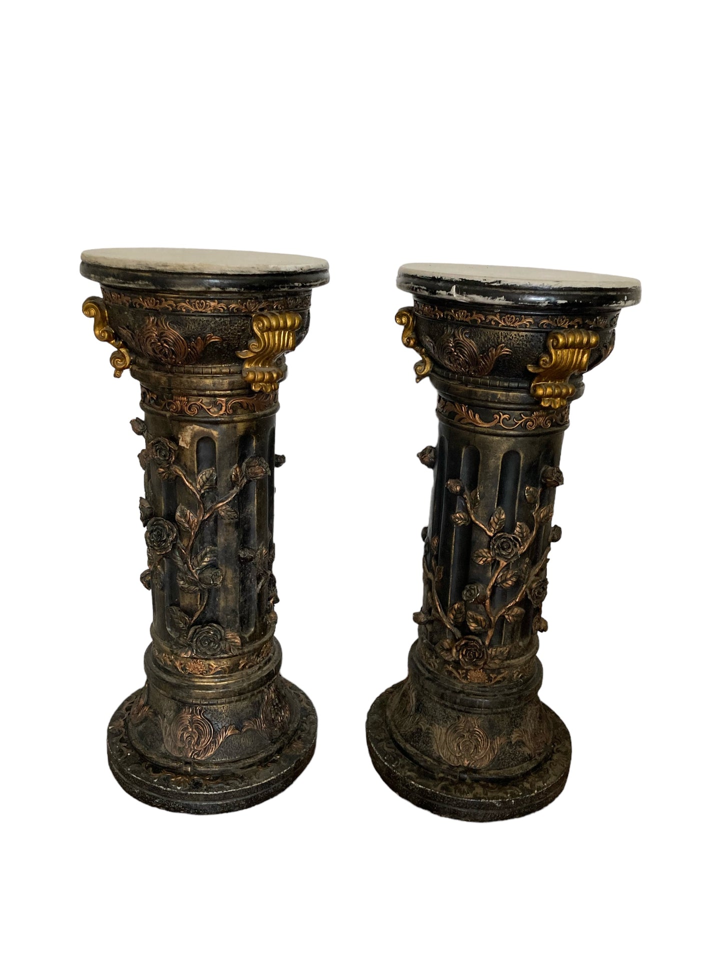 Pair of highly carved Ebonised Pedestals, Rose vine detail, Gilt deco, White marble top