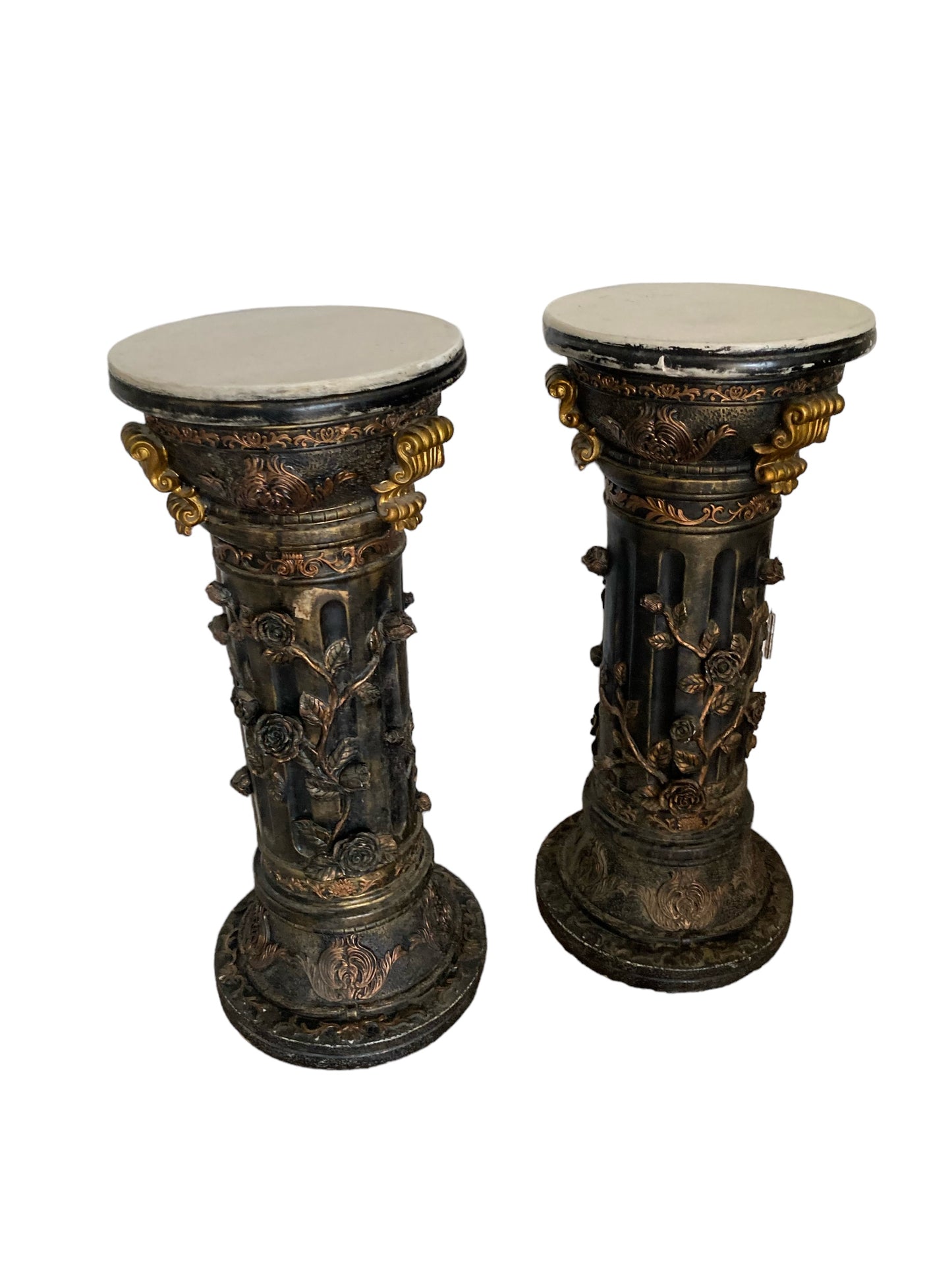 Pair of highly carved Ebonised Pedestals, Rose vine detail, Gilt deco, White marble top