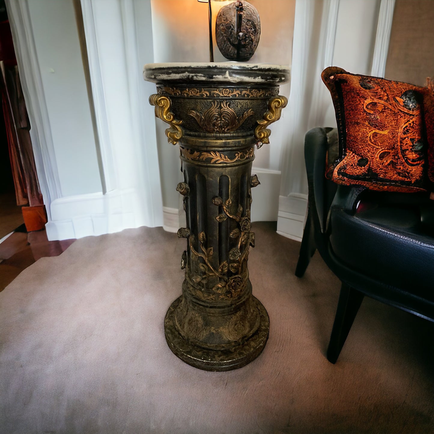 Pair of highly carved Ebonised Pedestals, Rose vine detail, Gilt deco, White marble top