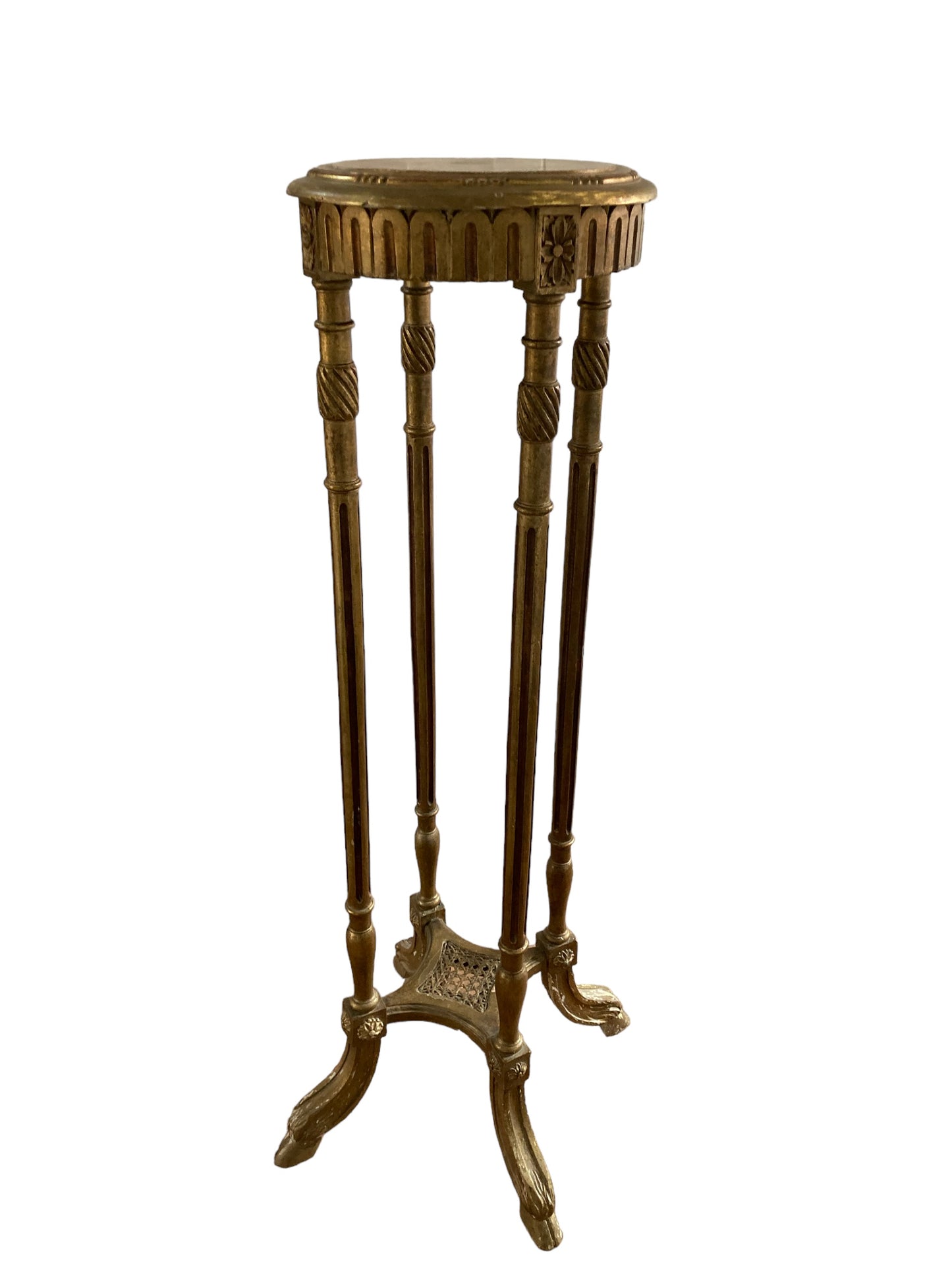 French Louis XIV Style, giltwood marble top pedestal with decorative details. Late 19th Century, CIRCA 1890.