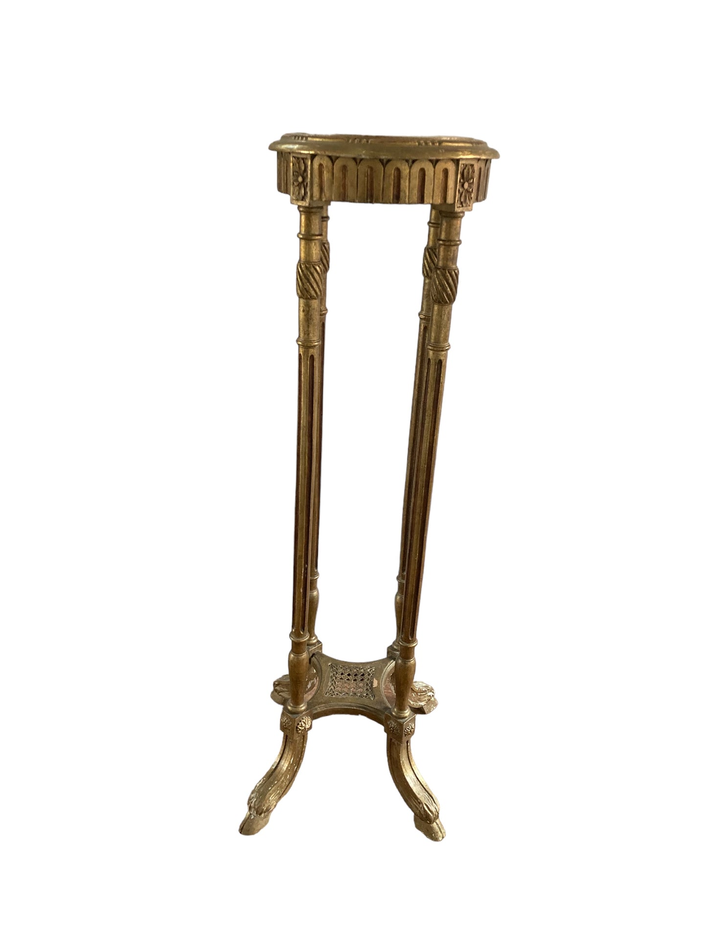 French Louis XIV Style, giltwood marble top pedestal with decorative details. Late 19th Century, CIRCA 1890.