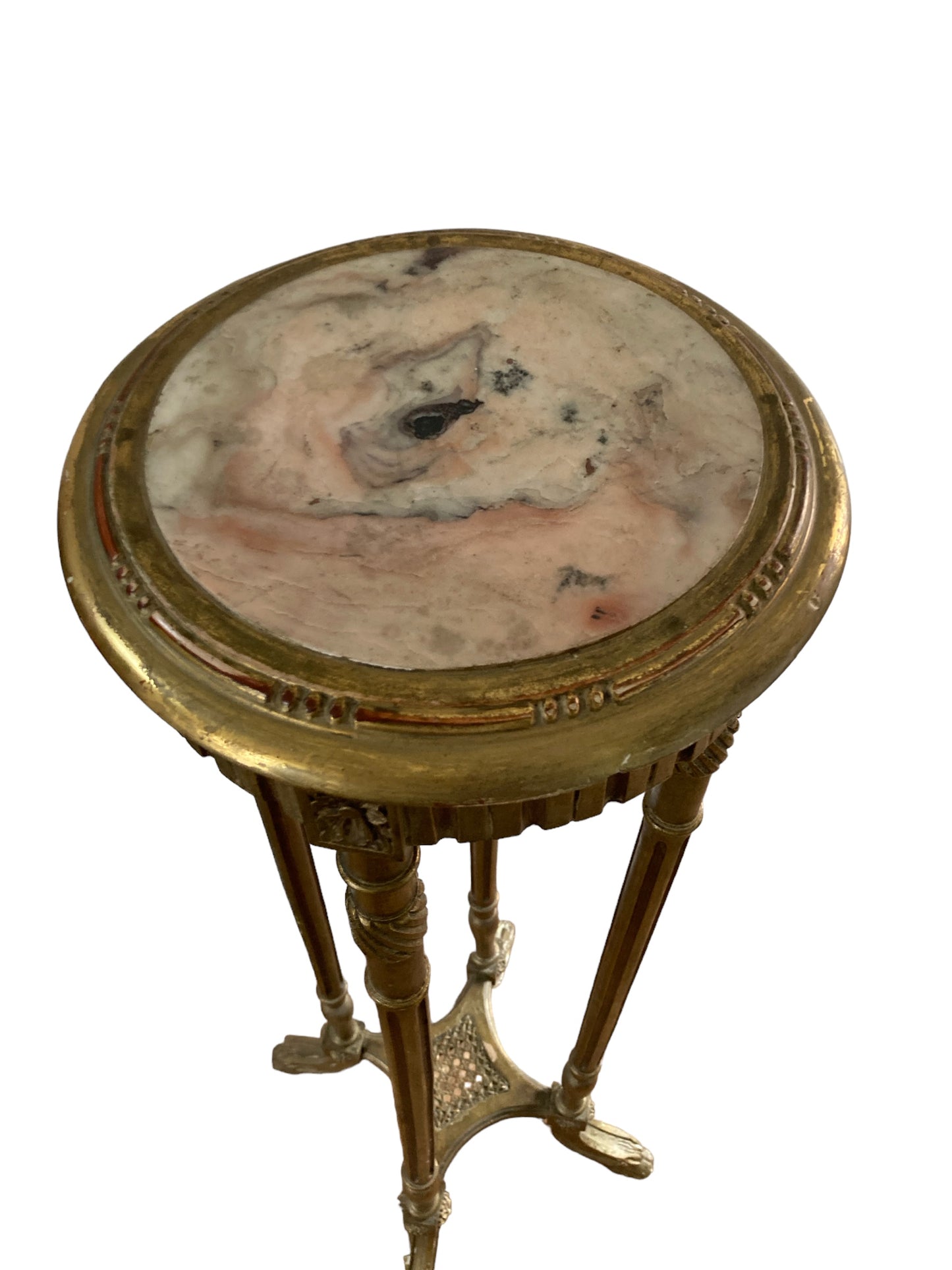 French Louis XIV Style, giltwood marble top pedestal with decorative details. Late 19th Century, CIRCA 1890.