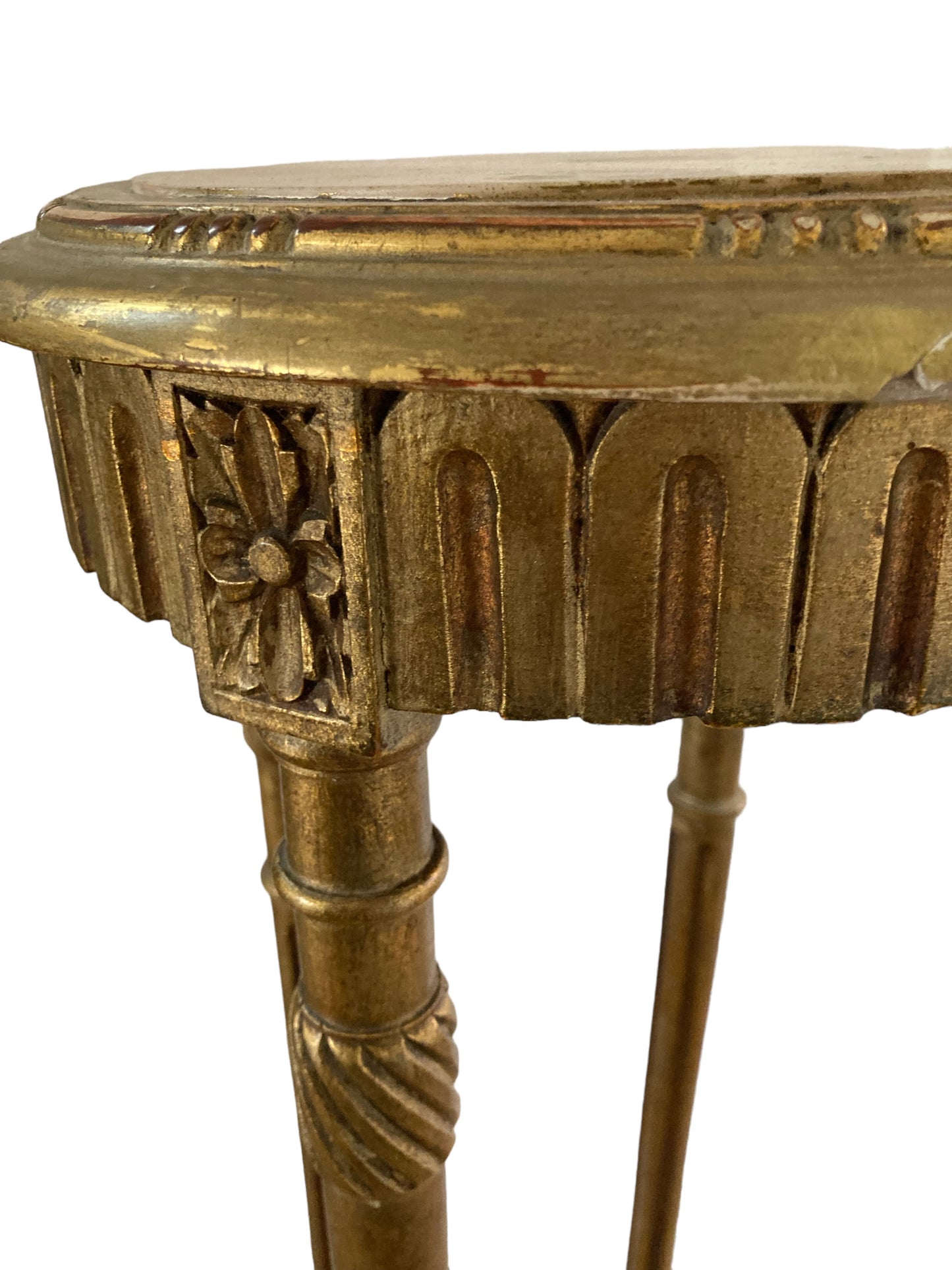 French Louis XIV Style, giltwood marble top pedestal with decorative details. Late 19th Century, CIRCA 1890.