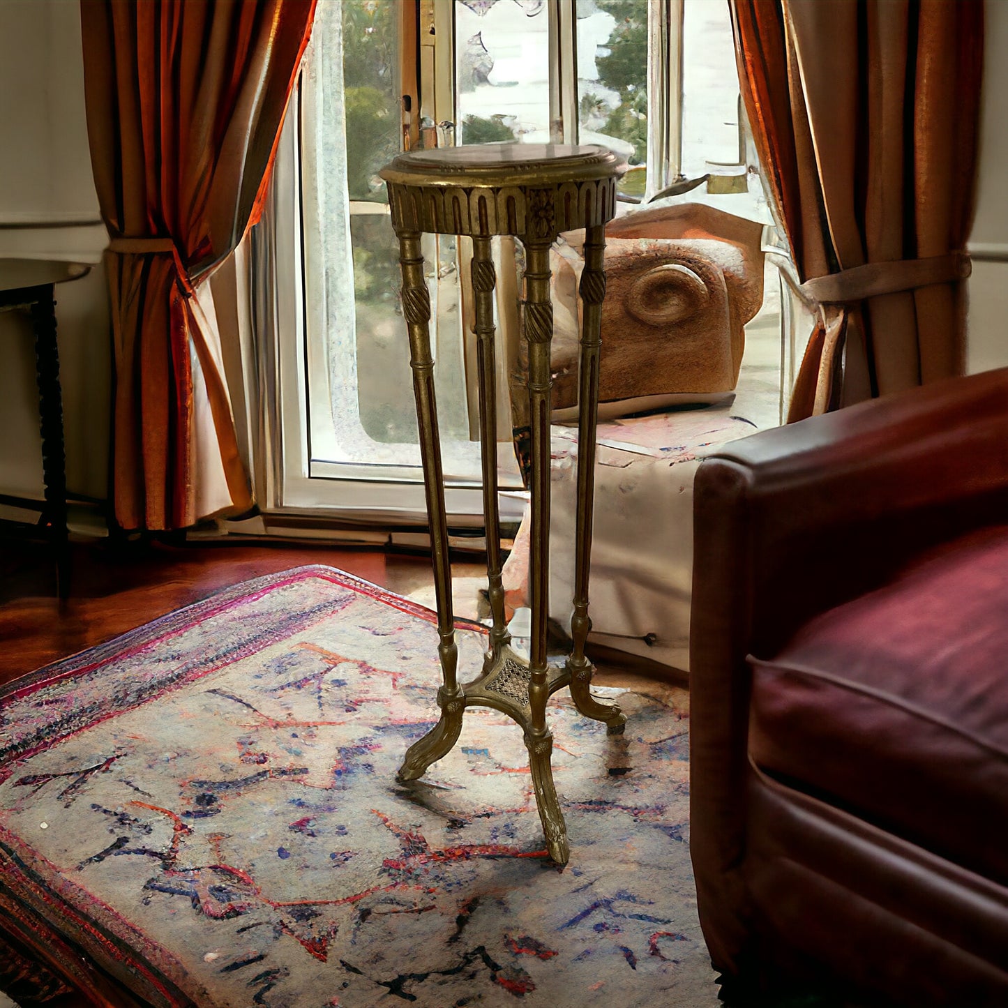 French Louis XIV Style, giltwood marble top pedestal with decorative details. Late 19th Century, CIRCA 1890.