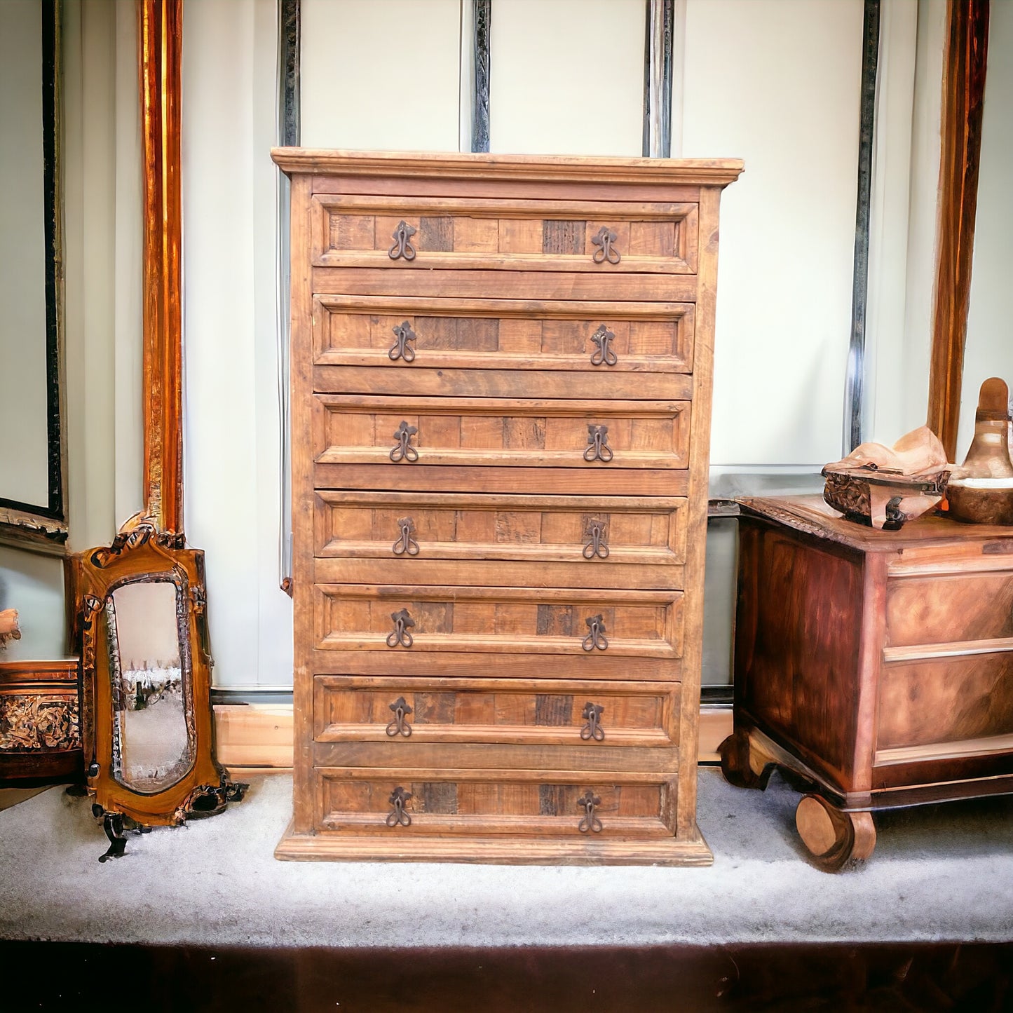 Solid Oak Rustic Tall Boy or High Chest, 7 Large Drawers, Mid Century