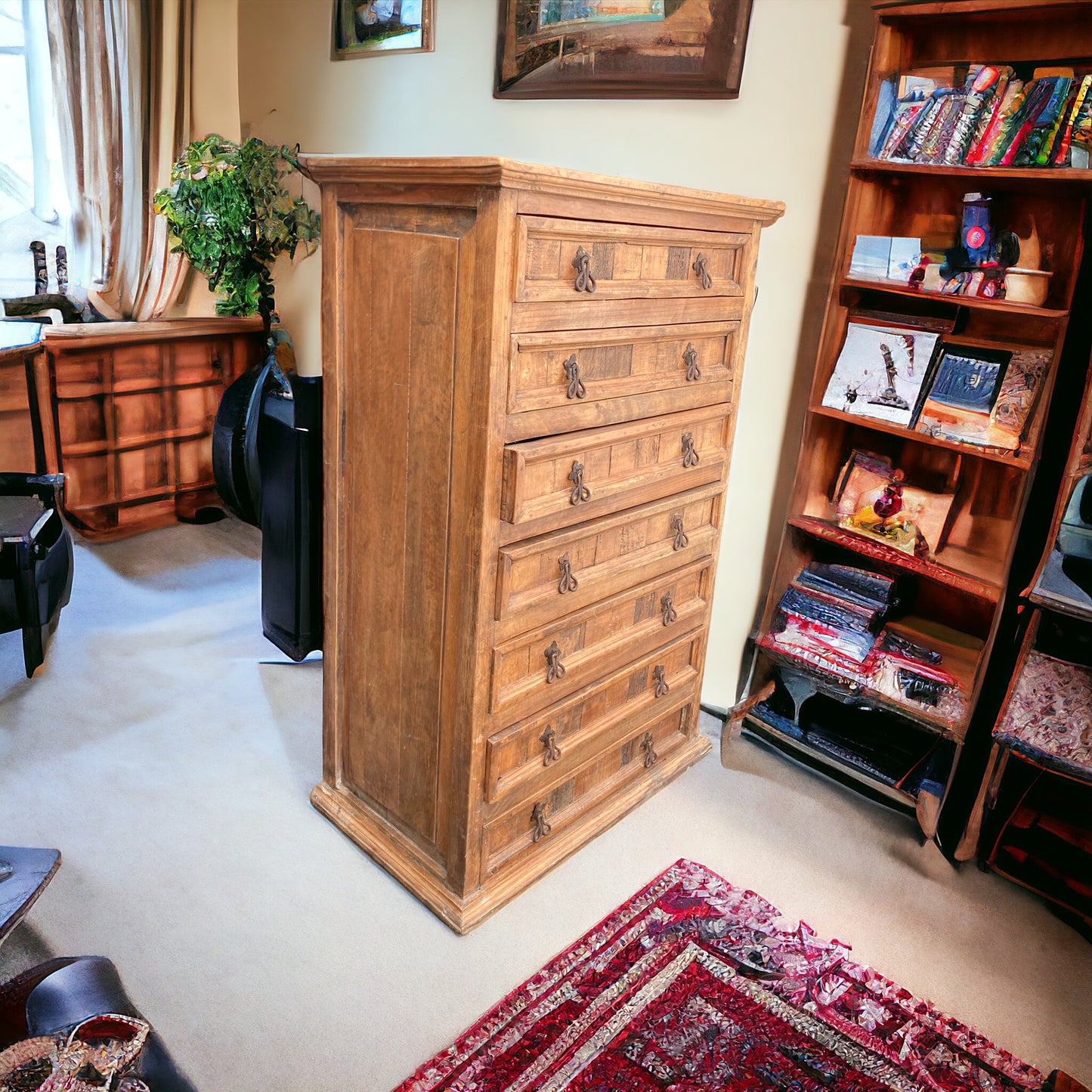 Solid Oak Rustic Tall Boy or High Chest, 7 Large Drawers, Mid Century