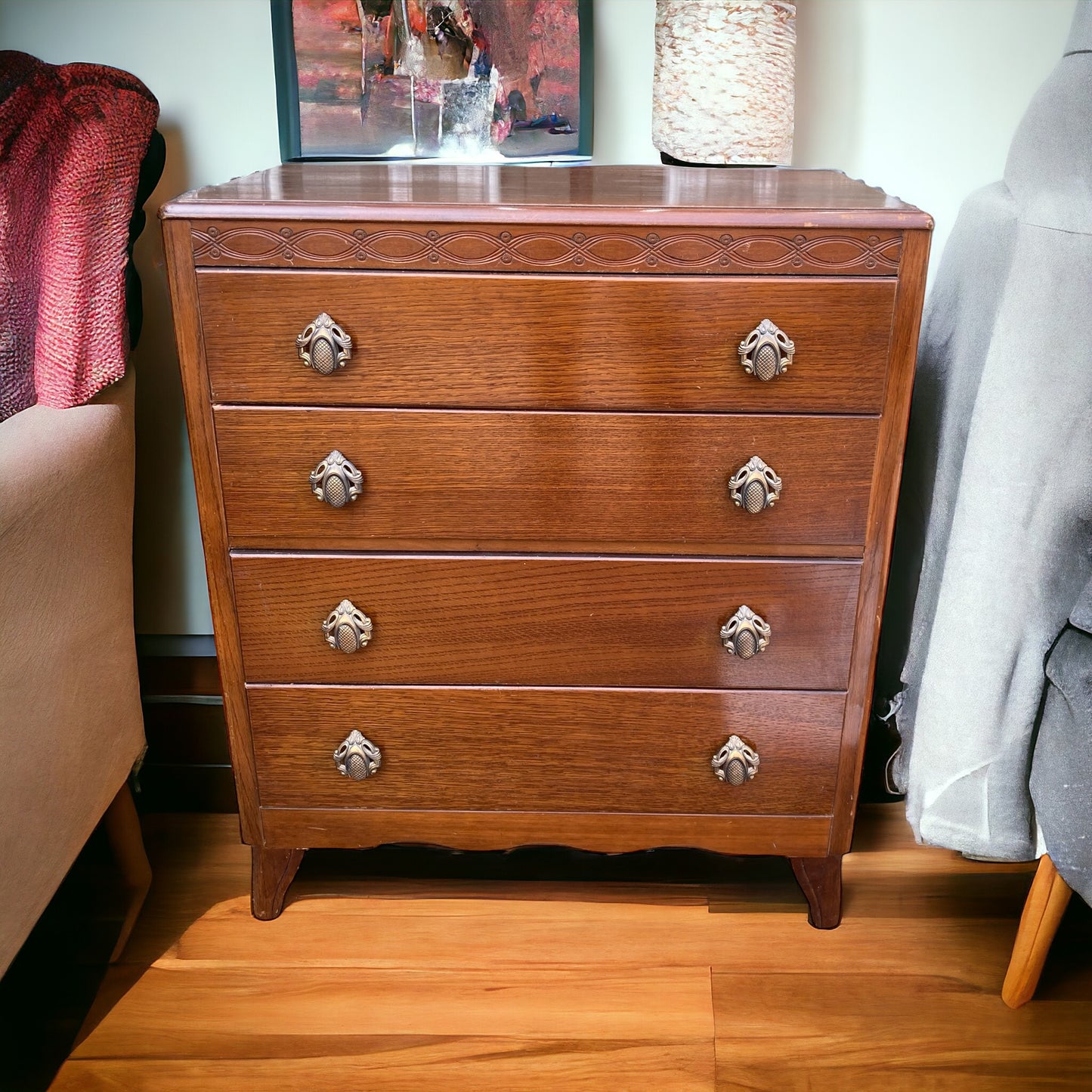 A Mid Century Harris Lebus Style Chest of Drawers Art Deco style handles.