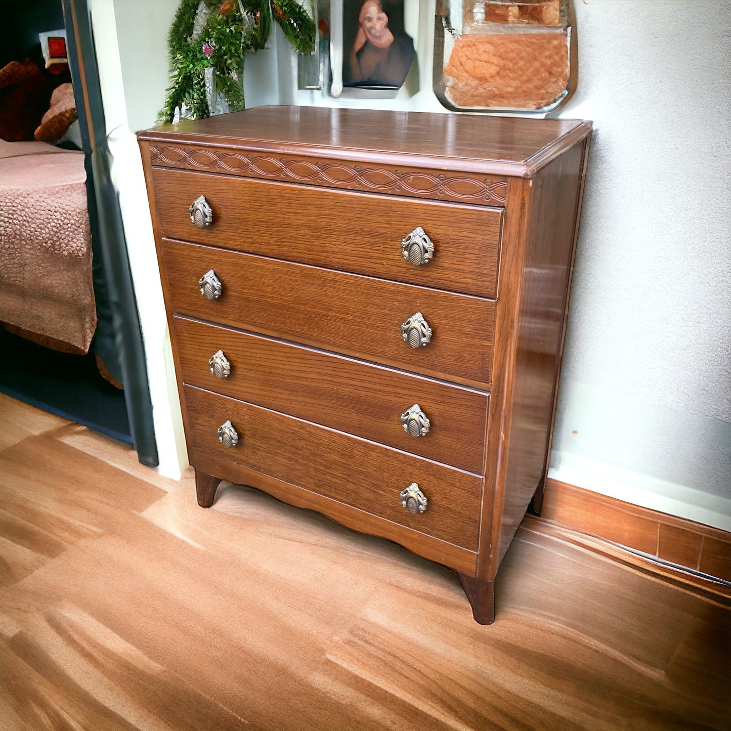 A Mid Century Harris Lebus Style Chest of Drawers Art Deco style handles.