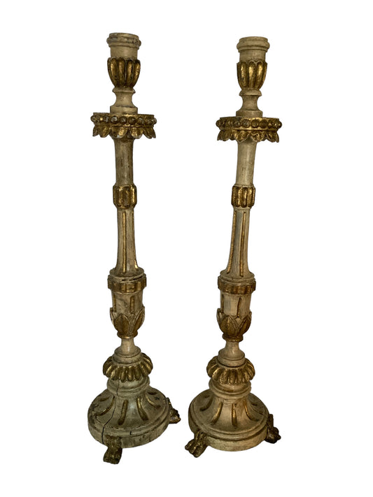 A Pair of 18th Century Italian painted and Gilt Wooden Candlesticks, Candle Holders CIRC 1750'S