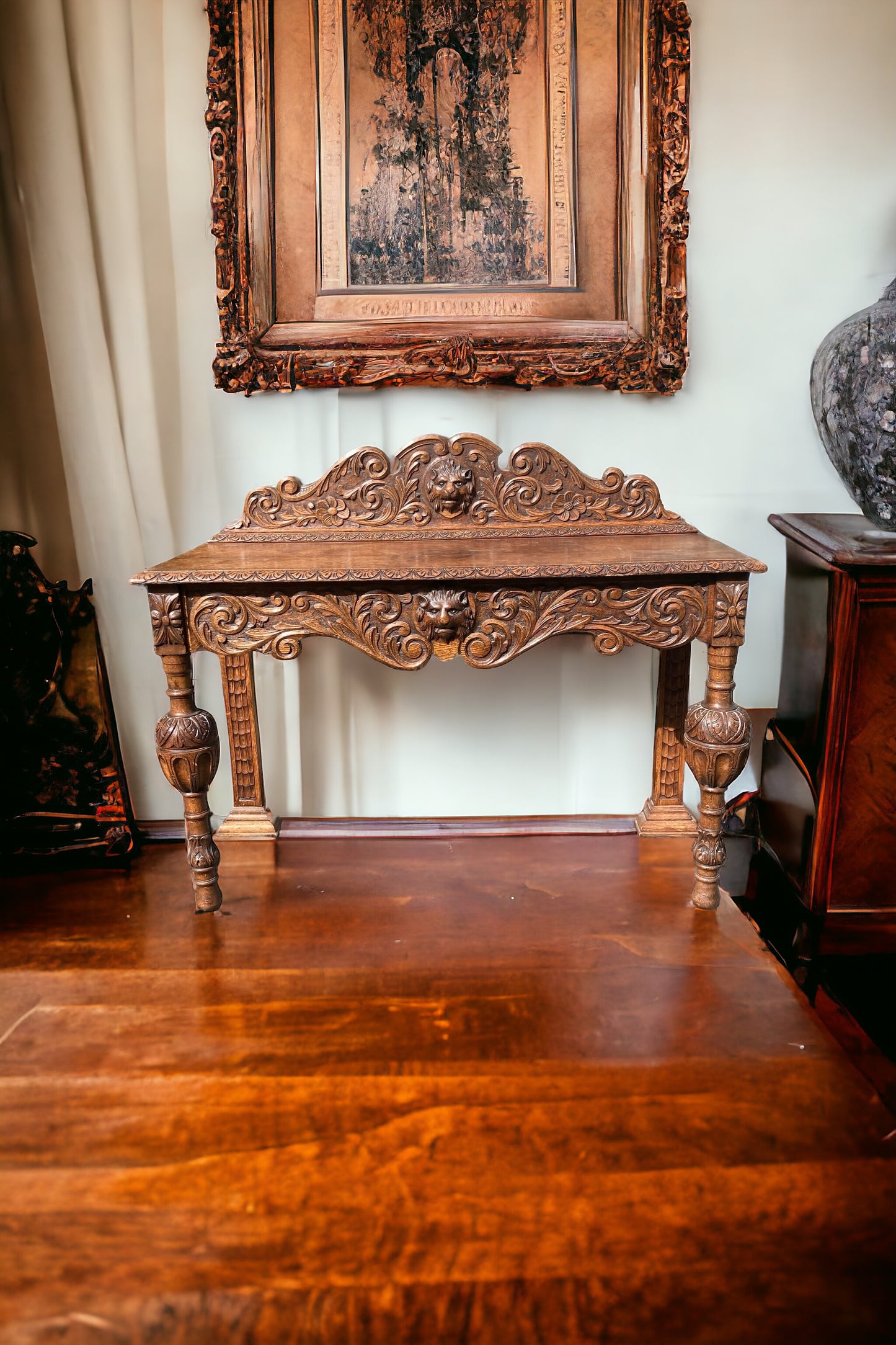 19th Century Victorian Carved Oak Sideboard or Hall Table, Lions Head Carvings