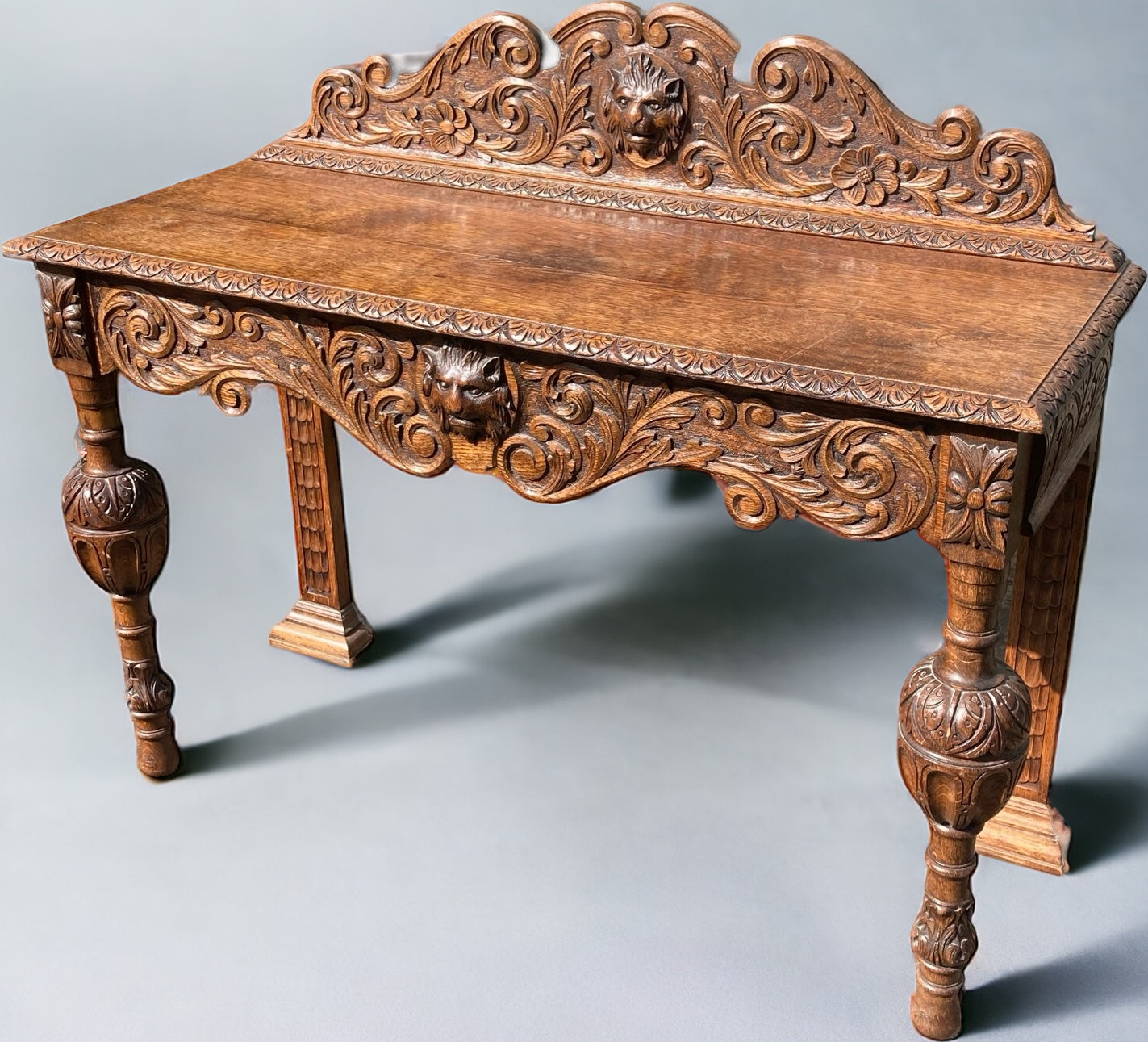 19th Century Victorian Carved Oak Sideboard or Hall Table, Lions Head Carvings