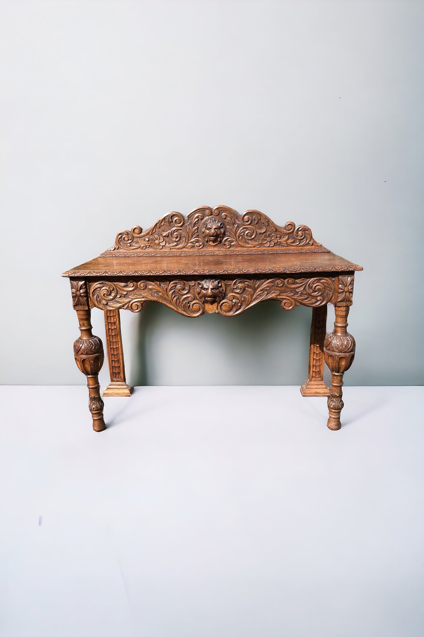 19th Century Victorian Carved Oak Sideboard or Hall Table, Lions Head Carvings