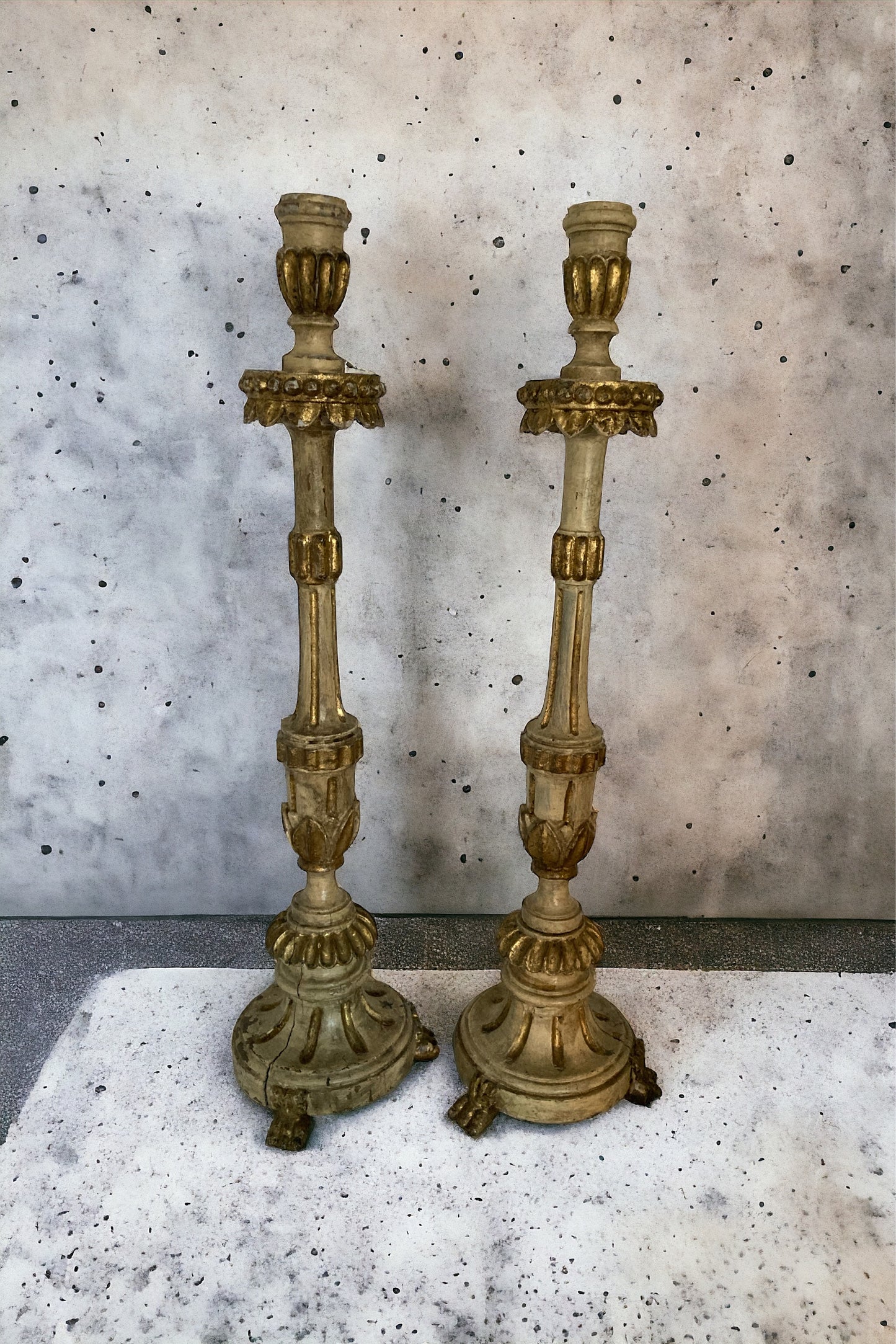 A Pair of 18th Century Italian painted and Gilt Wooden Candlesticks, Candle Holders CIRC 1750'S