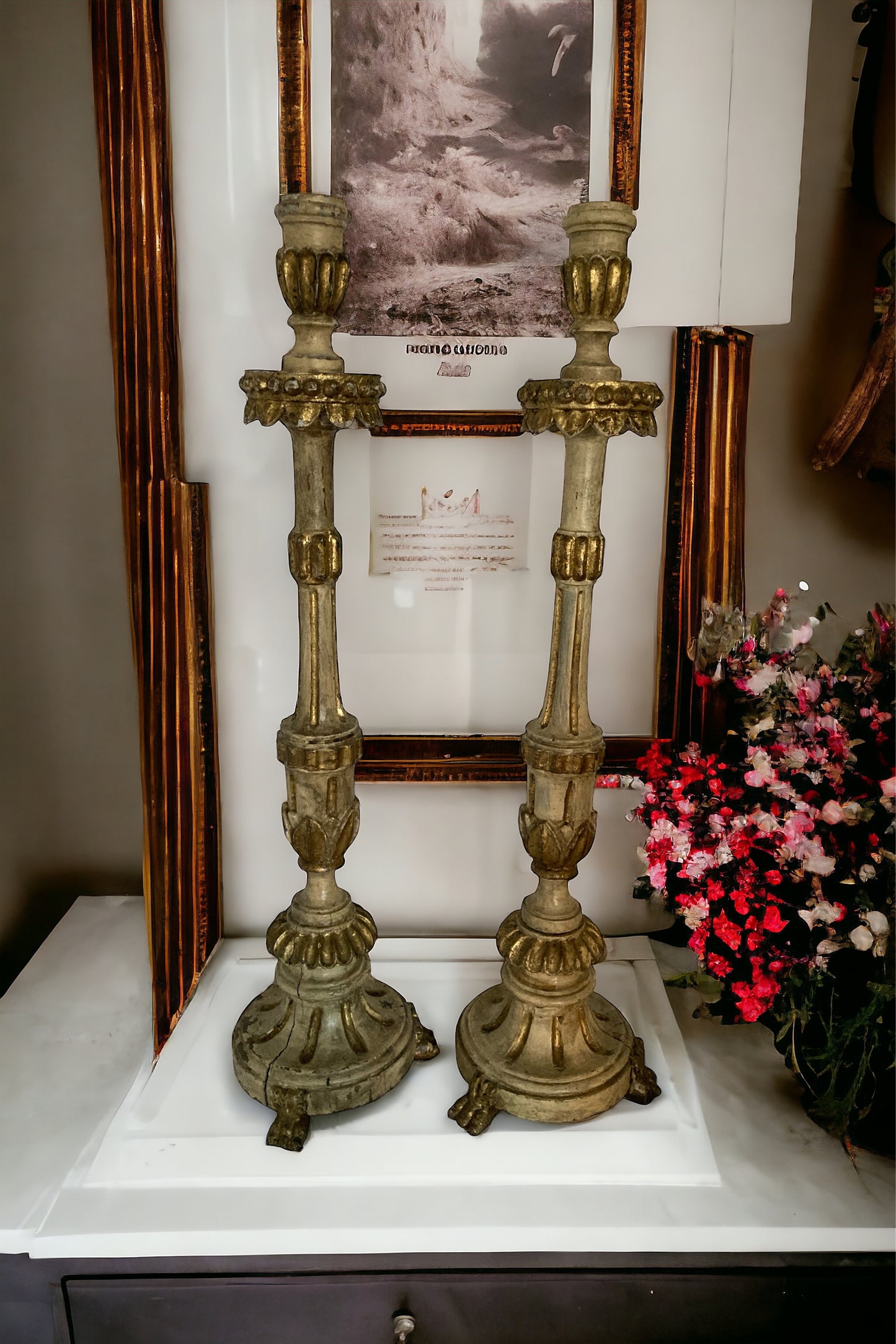 A Pair of 18th Century Italian painted and Gilt Wooden Candlesticks, Candle Holders CIRC 1750'S