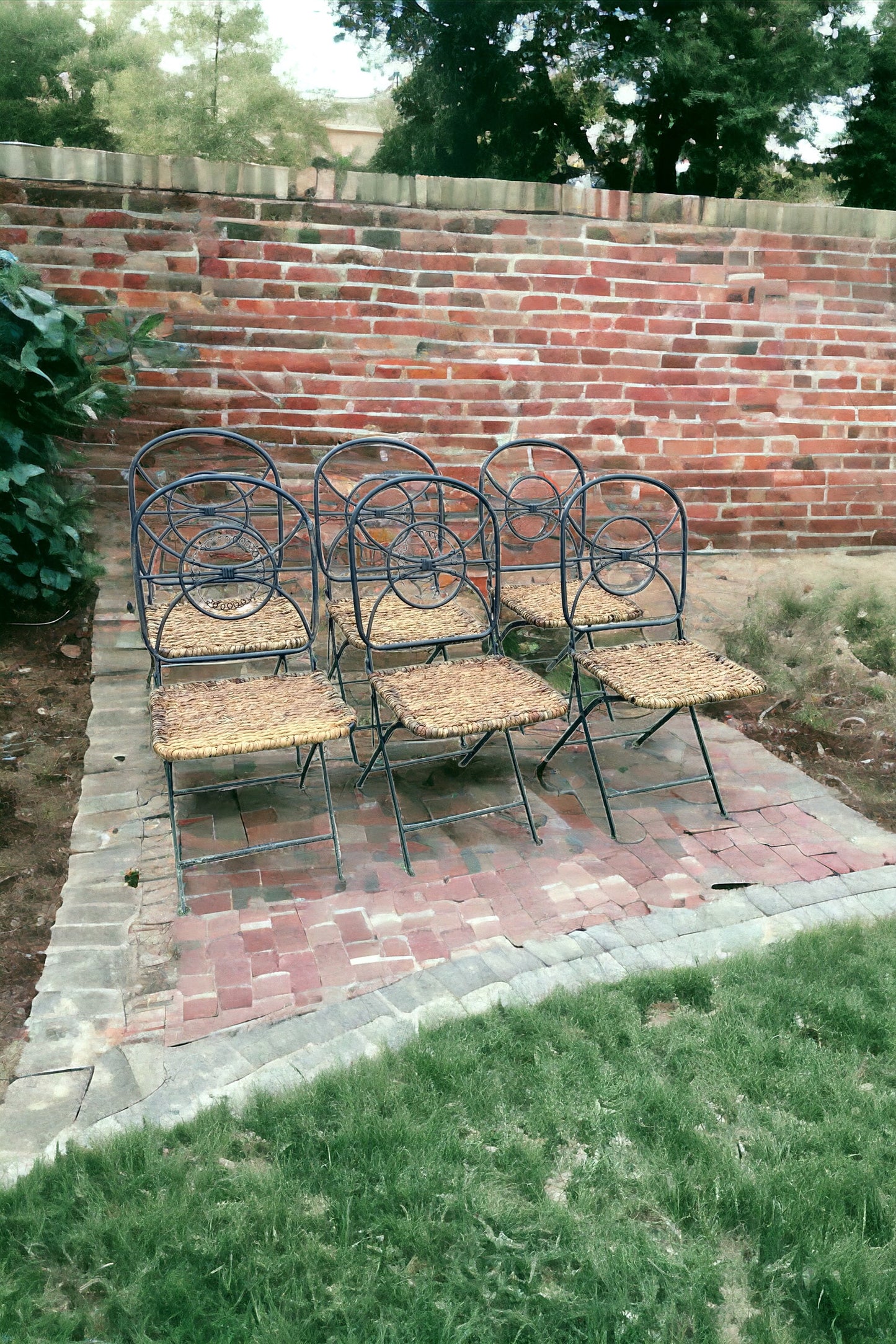 Set of 6 Vintage Folding Wrought Iron and Wicker Garden Chairs