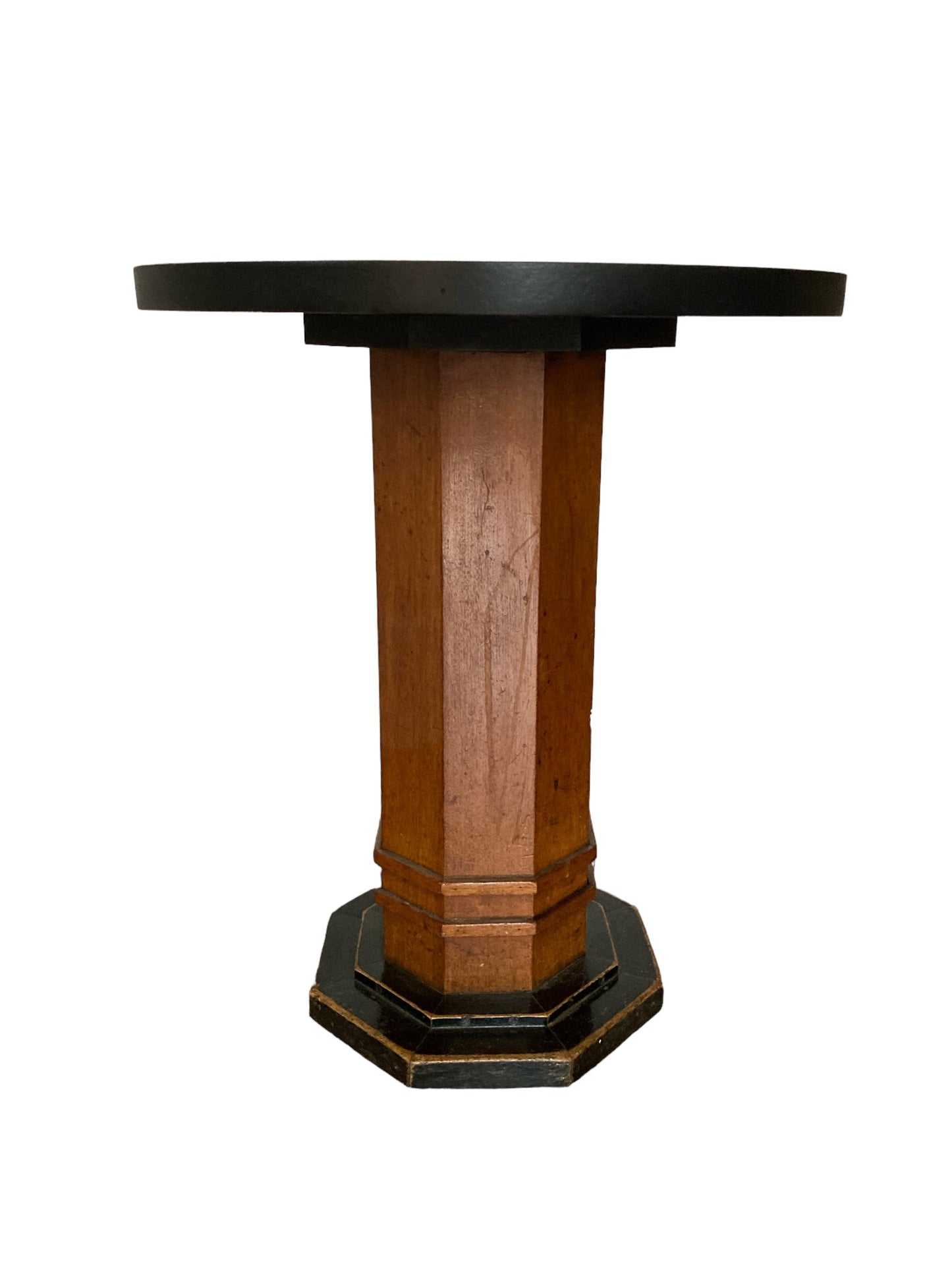 Art Deco Walnut Octagonal stemmed side tabe, black cirular top