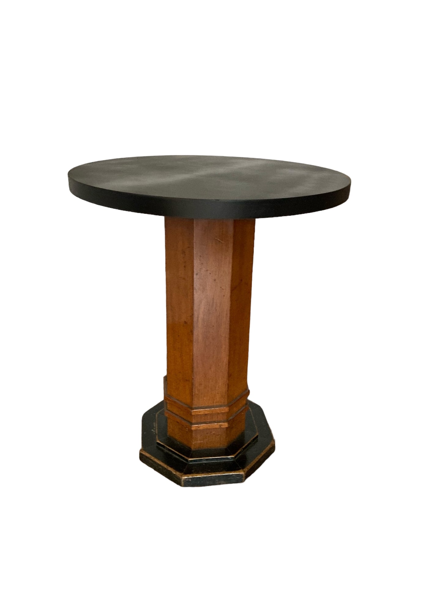 Art Deco Walnut Octagonal stemmed side tabe, black cirular top