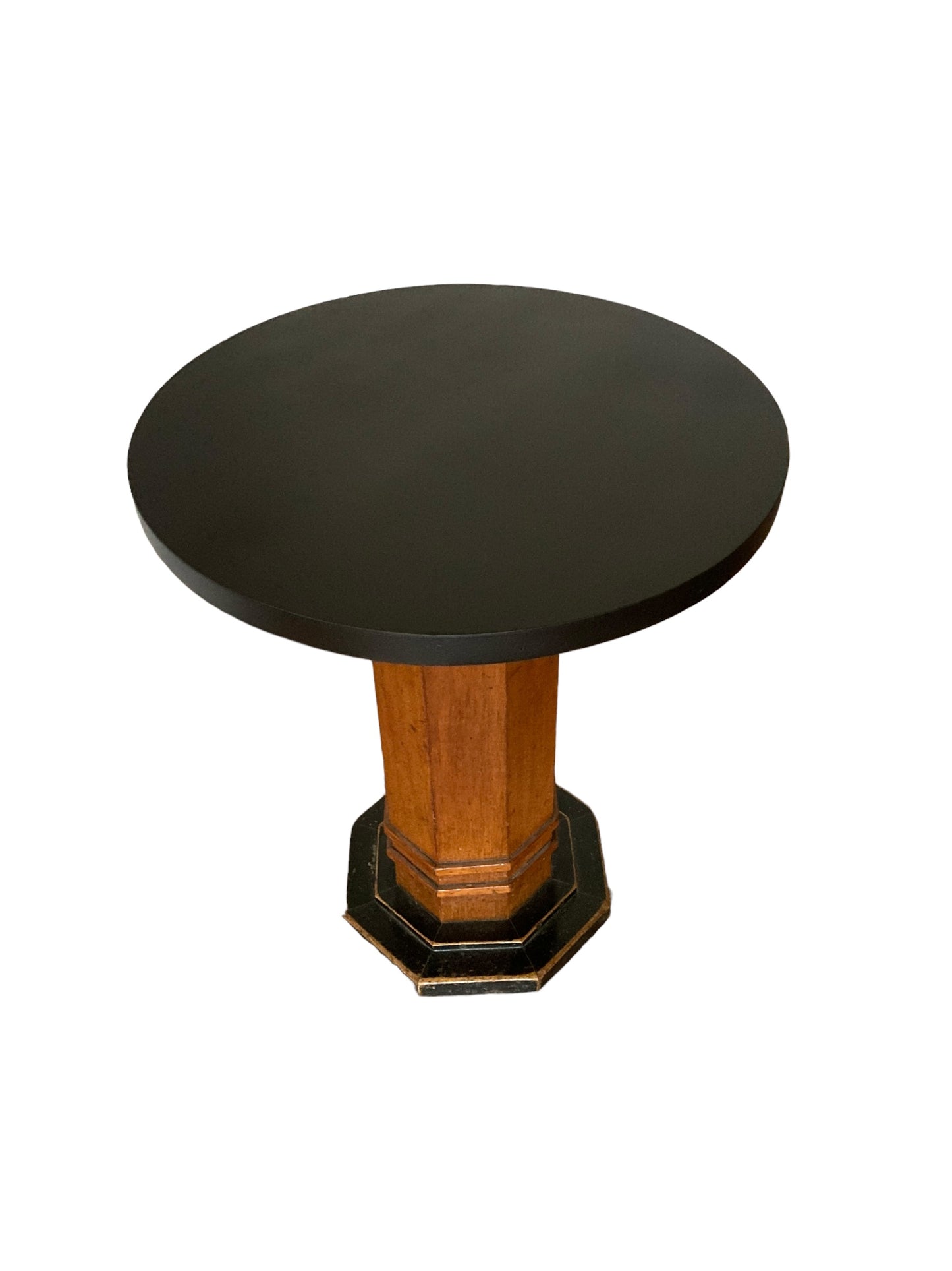 Art Deco Walnut Octagonal stemmed side tabe, black cirular top