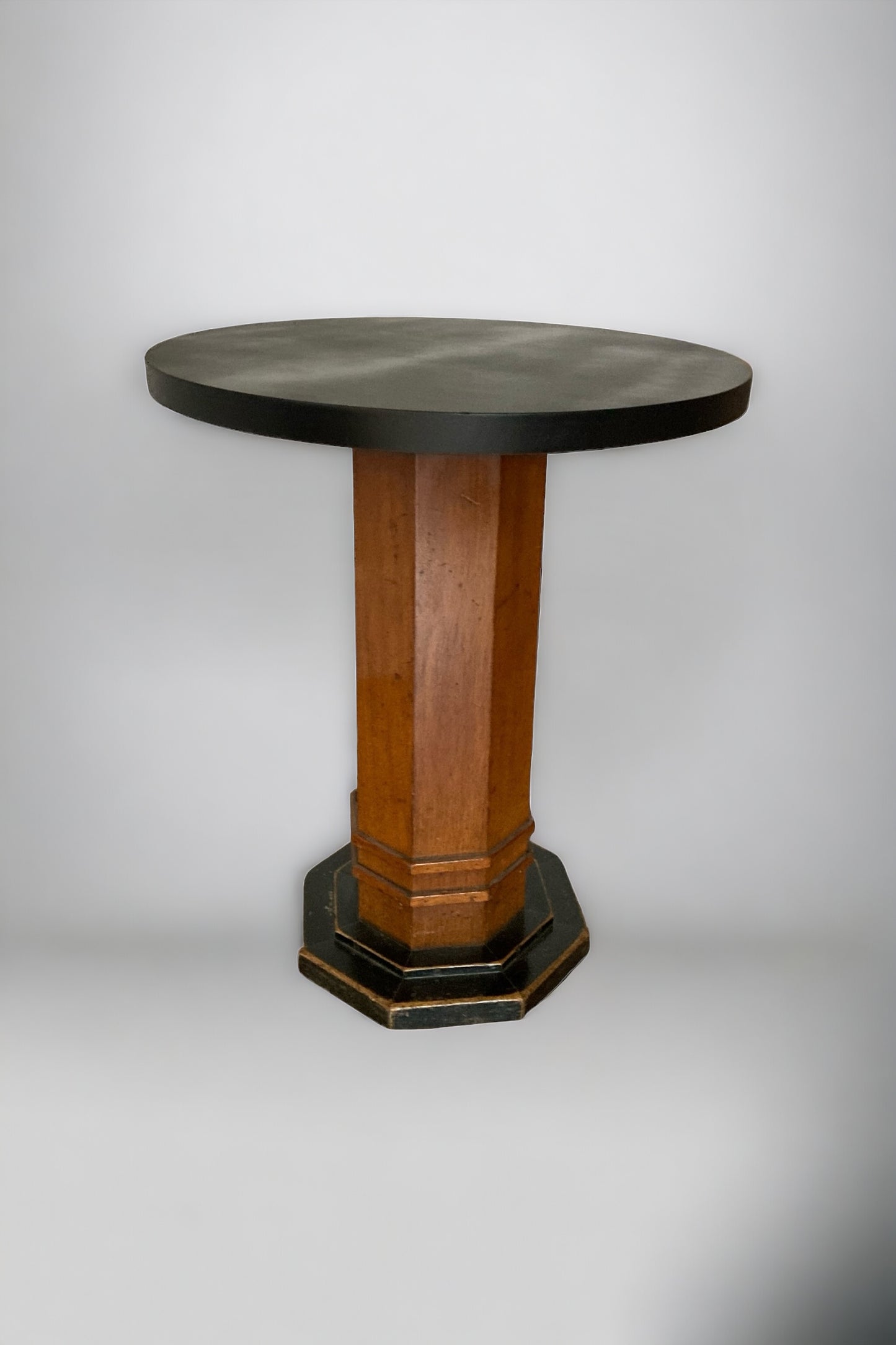 Art Deco Walnut Octagonal stemmed side tabe, black cirular top