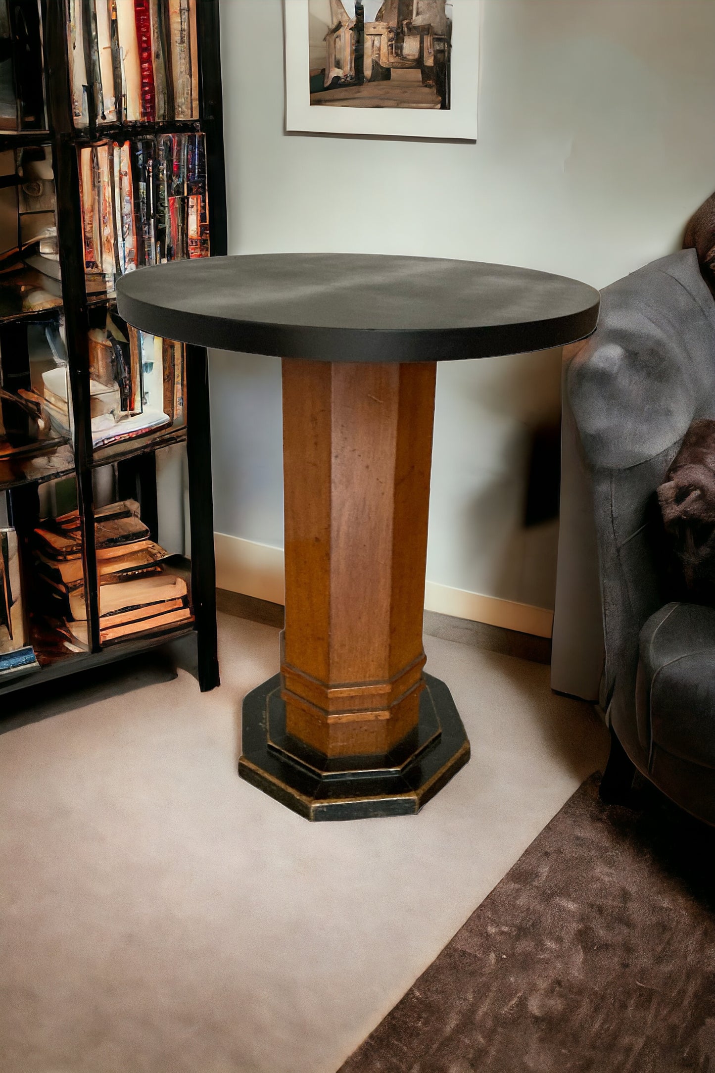 Art Deco Walnut Octagonal stemmed side tabe, black cirular top