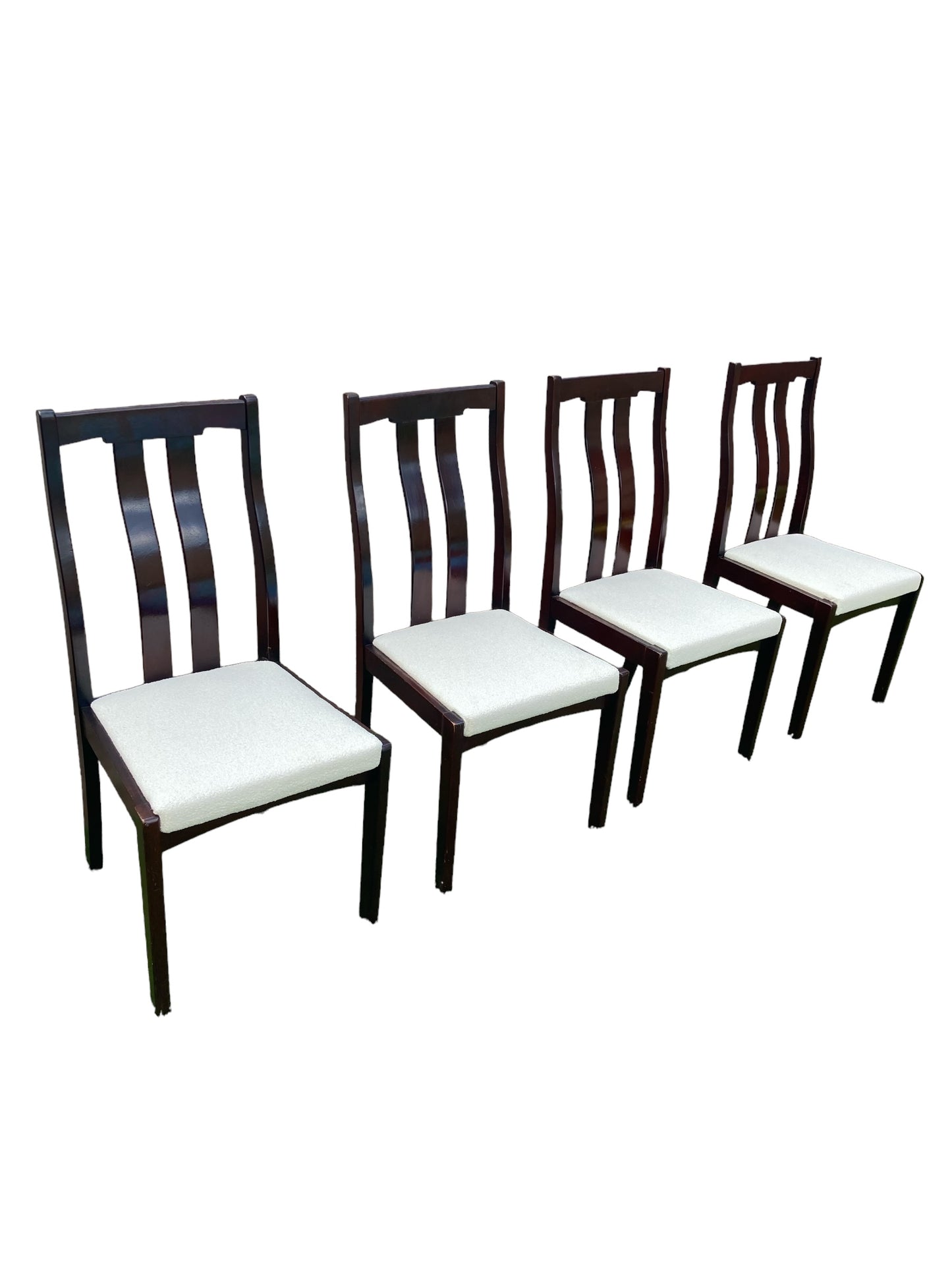 Four Mid Century Meredew Dining Chairs Mahogany with White Paris Boucle Fabric