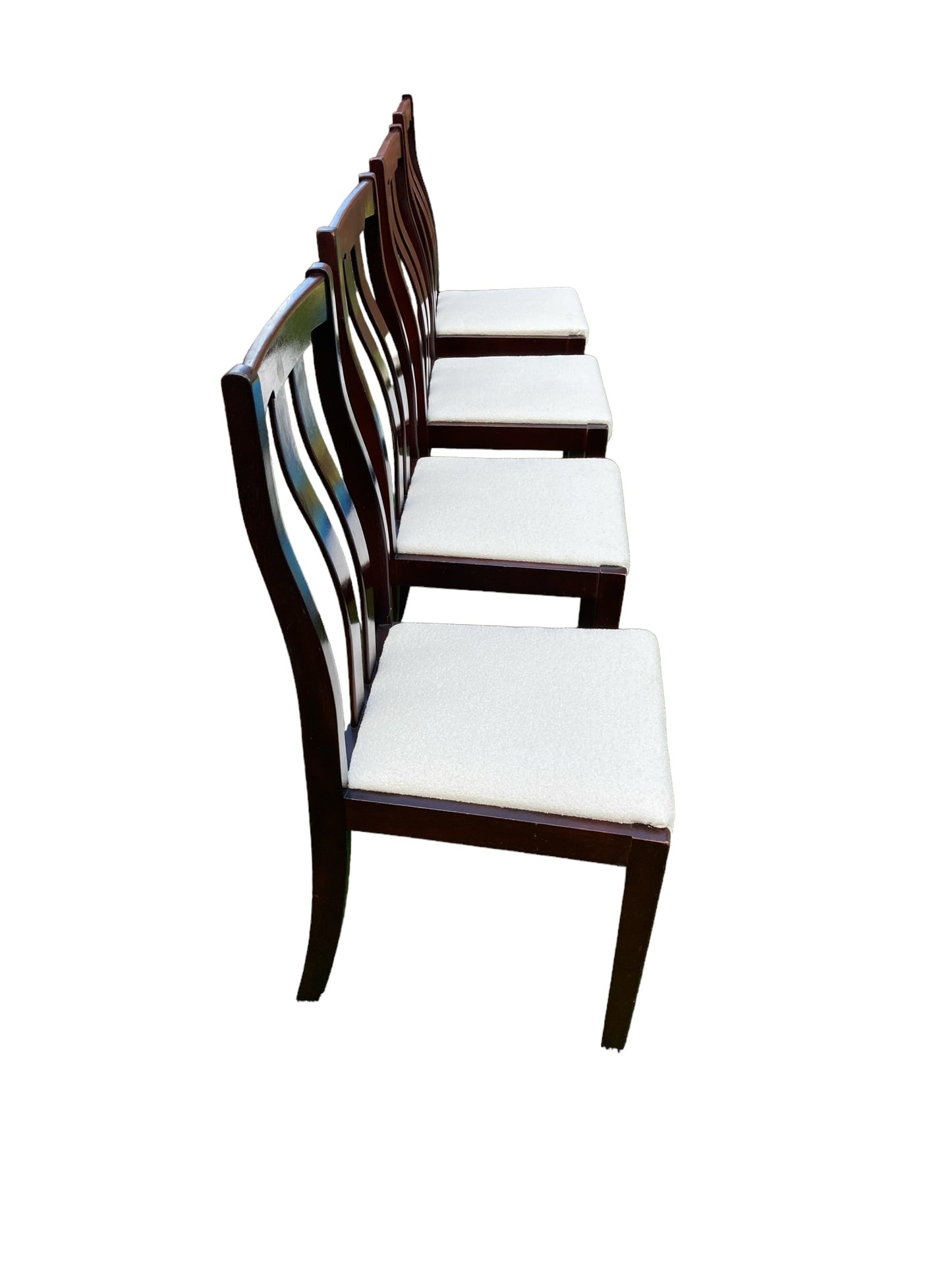 Four Mid Century Meredew Dining Chairs Mahogany with White Paris Boucle Fabric