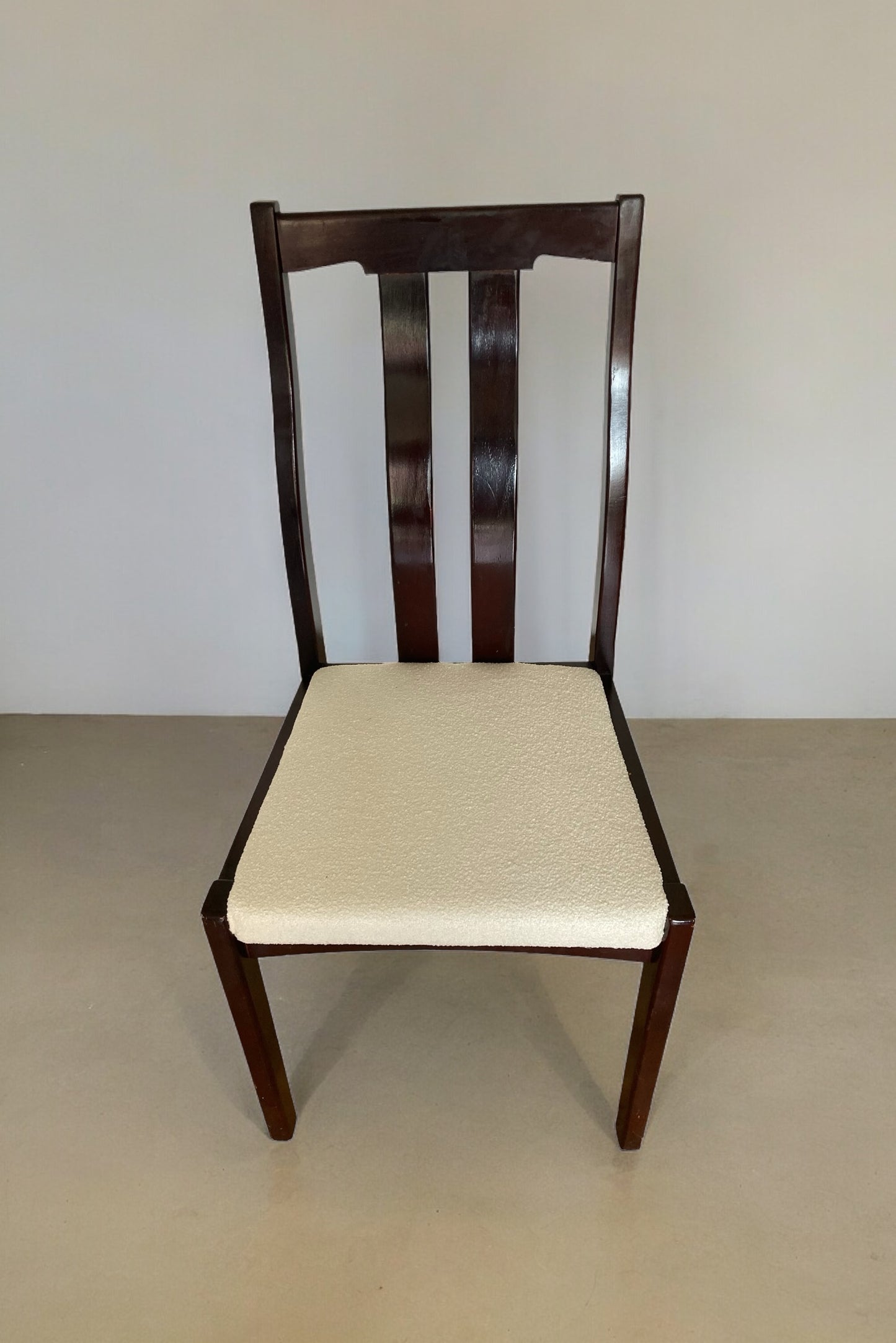 Four Mid Century Meredew Dining Chairs Mahogany with White Paris Boucle Fabric