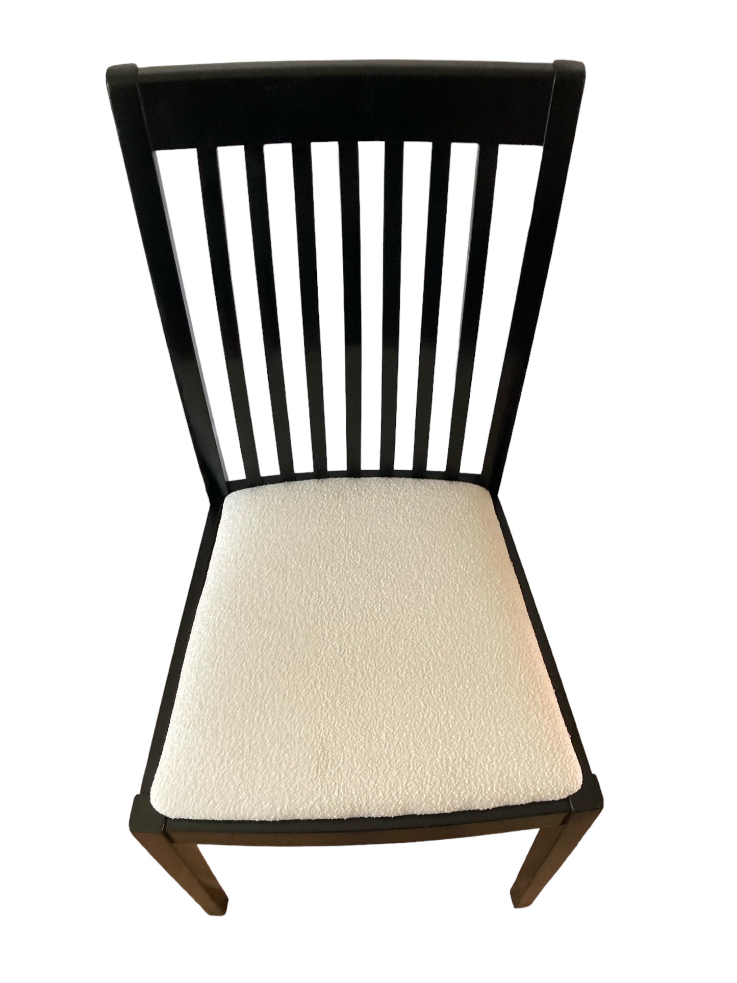 A set of 6 Italian Sedi Friuli dining chairs finished in gloss black with cream Boucle upholstery