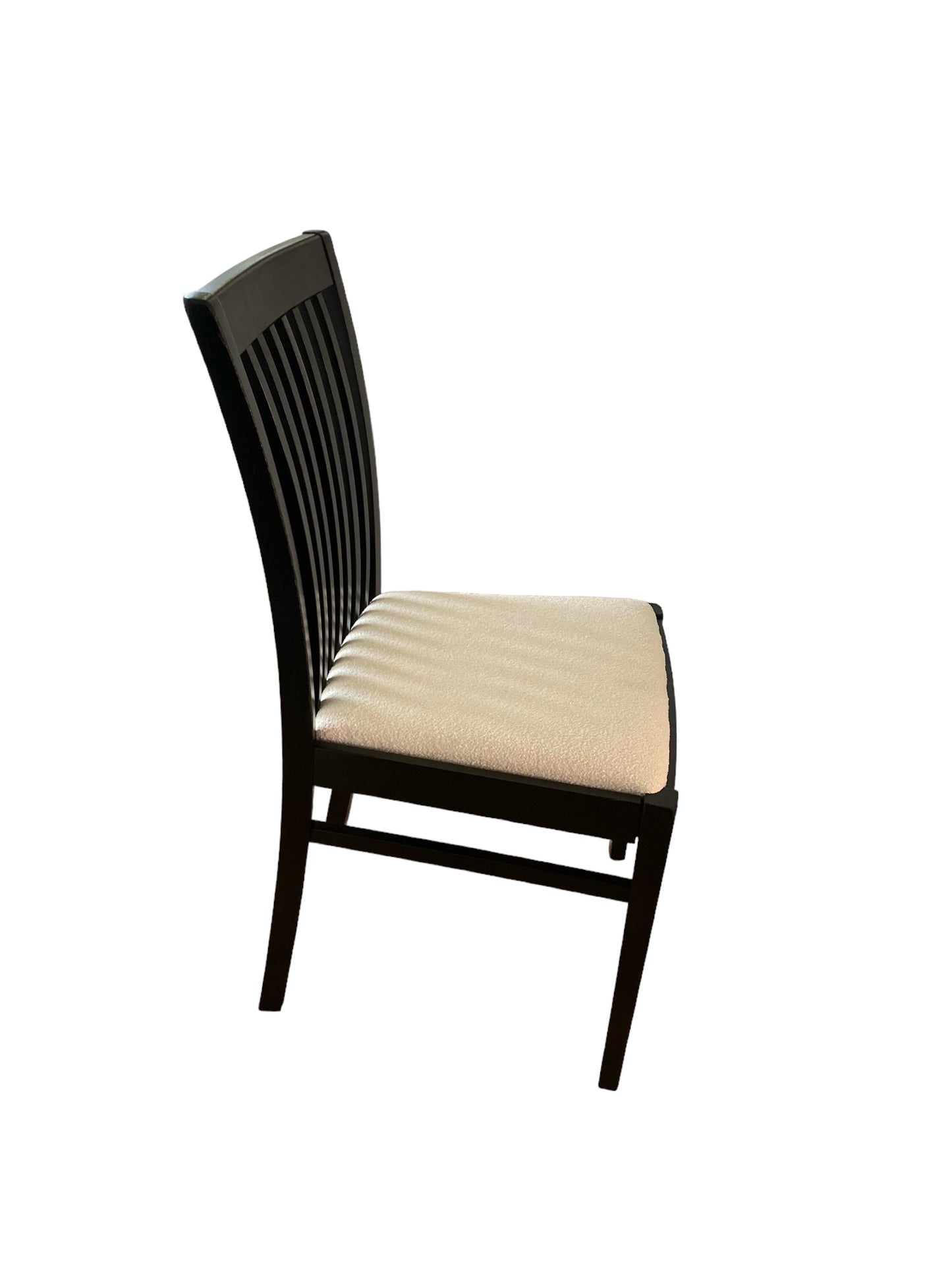 A set of 6 Italian Sedi Friuli dining chairs finished in gloss black with cream Boucle upholstery