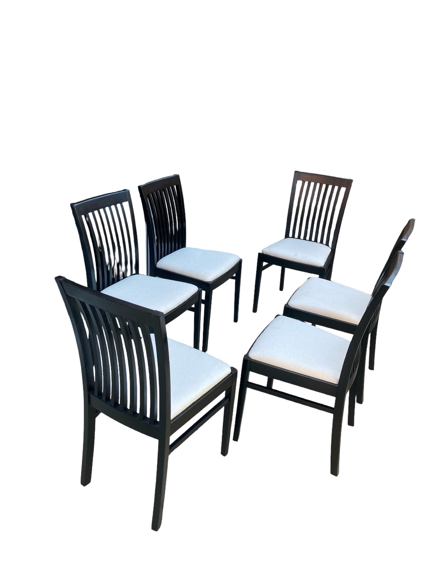 A set of 6 Italian Sedi Friuli dining chairs finished in gloss black with cream Boucle upholstery