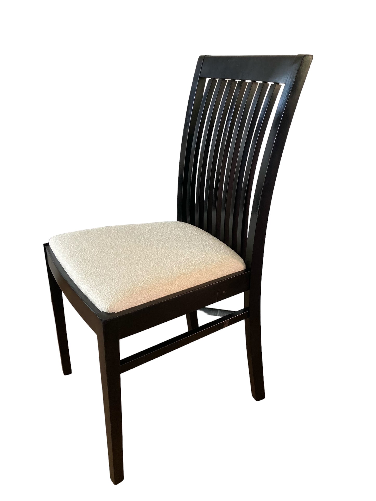 A set of 6 Italian Sedi Friuli dining chairs finished in gloss black with cream Boucle upholstery