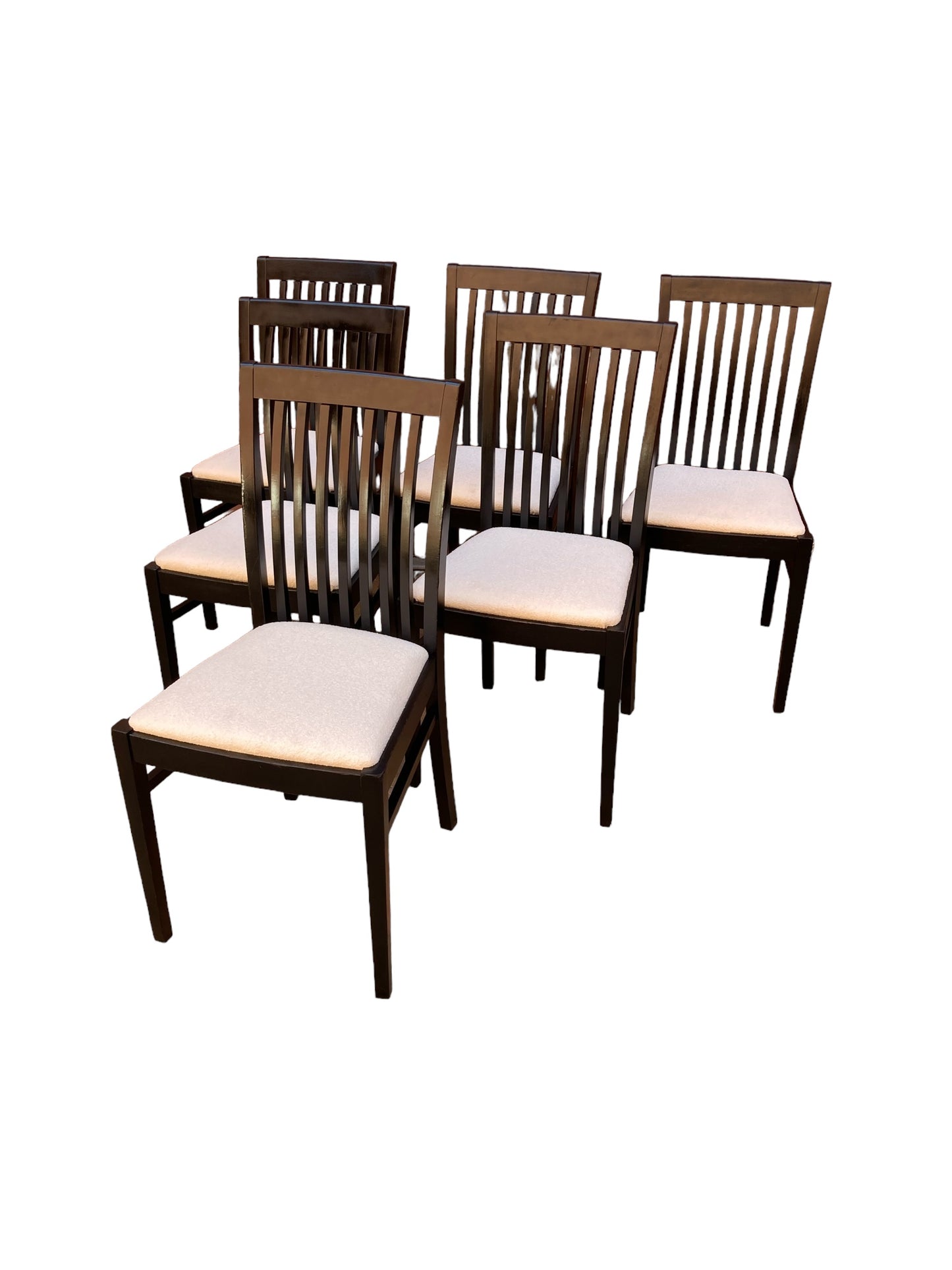 A set of 6 Italian Sedi Friuli dining chairs finished in gloss black with cream Boucle upholstery