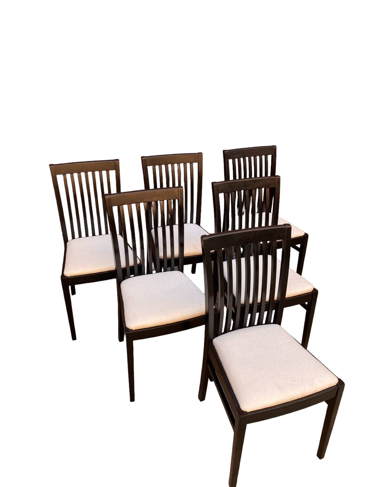 A set of 6 Italian Sedi Friuli dining chairs finished in gloss black with cream Boucle upholstery