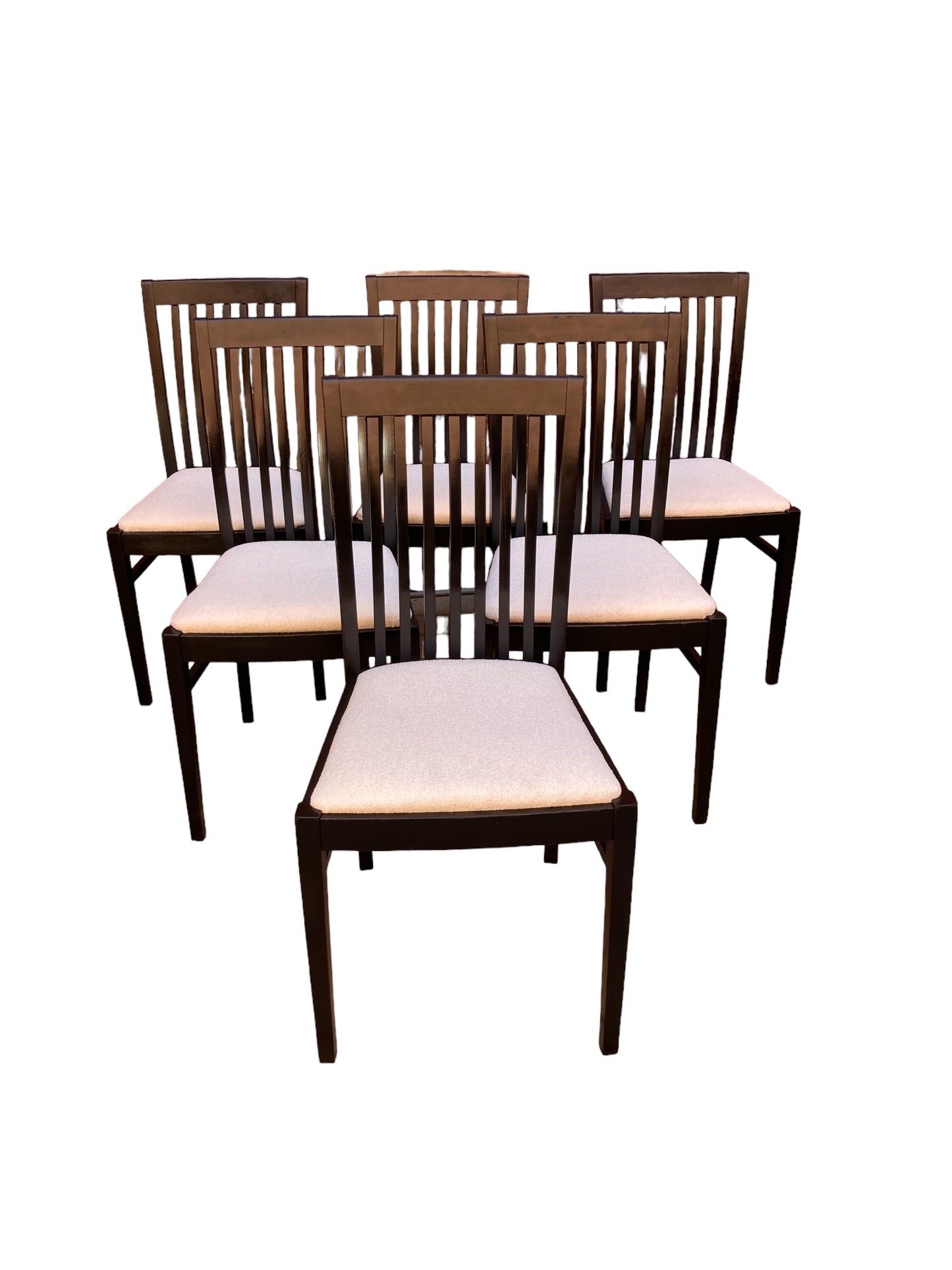 A set of 6 Italian Sedi Friuli dining chairs finished in gloss black with cream Boucle upholstery