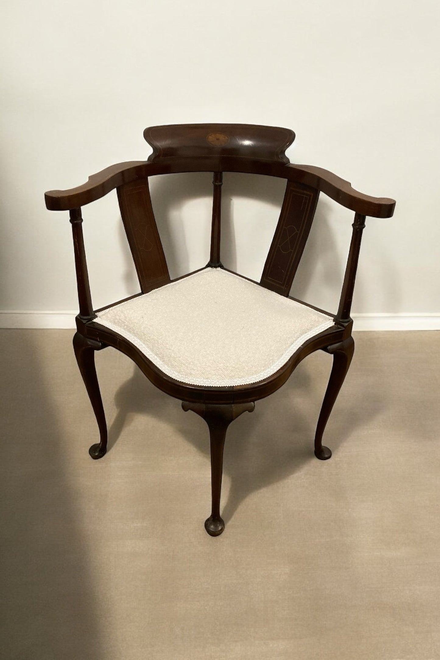 Edwardian Corner Chair Inlaid Backrest on Cabriole Legs and Reupholstered Boucle Fabric