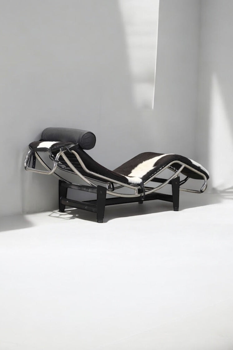 An 'LC4'  Le Corbusier Style chaise longue,upholstered in pony hide and with a black leather neck roll cushion to the chromium-plated tubular frame,