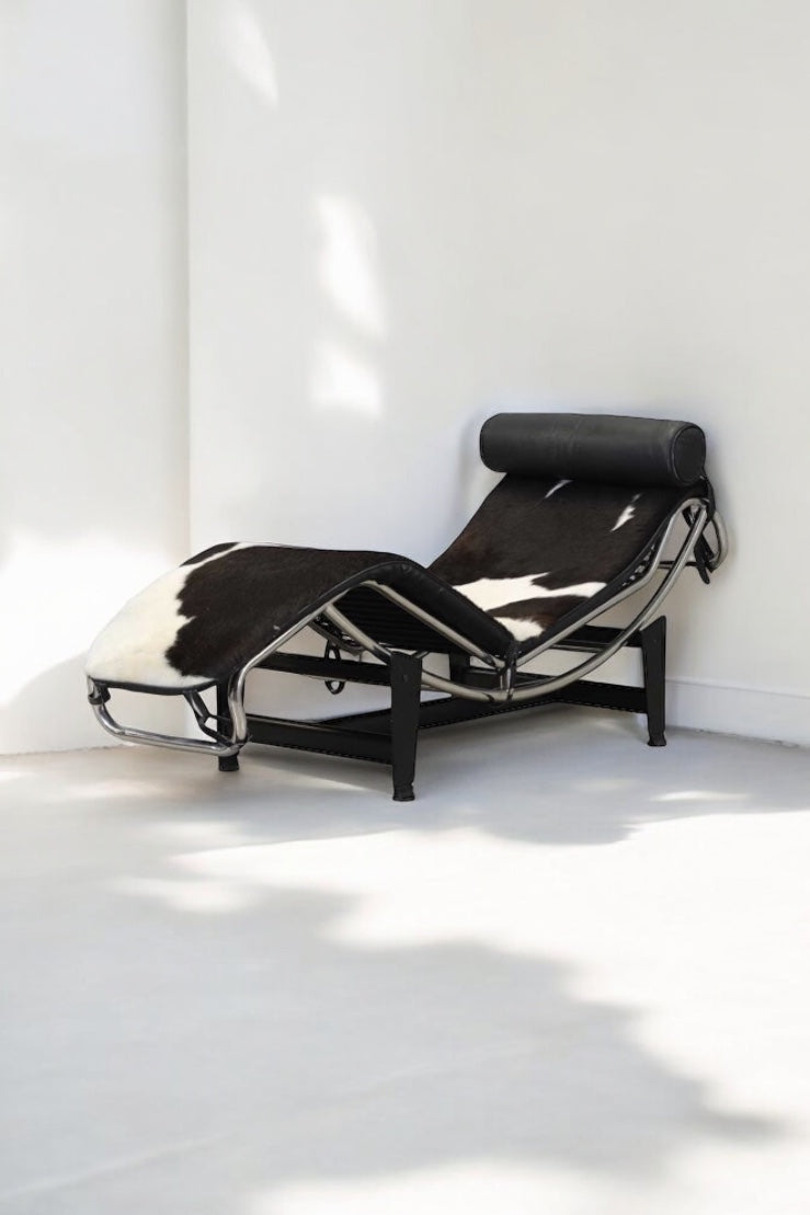 An 'LC4'  Le Corbusier Style chaise longue,upholstered in pony hide and with a black leather neck roll cushion to the chromium-plated tubular frame,