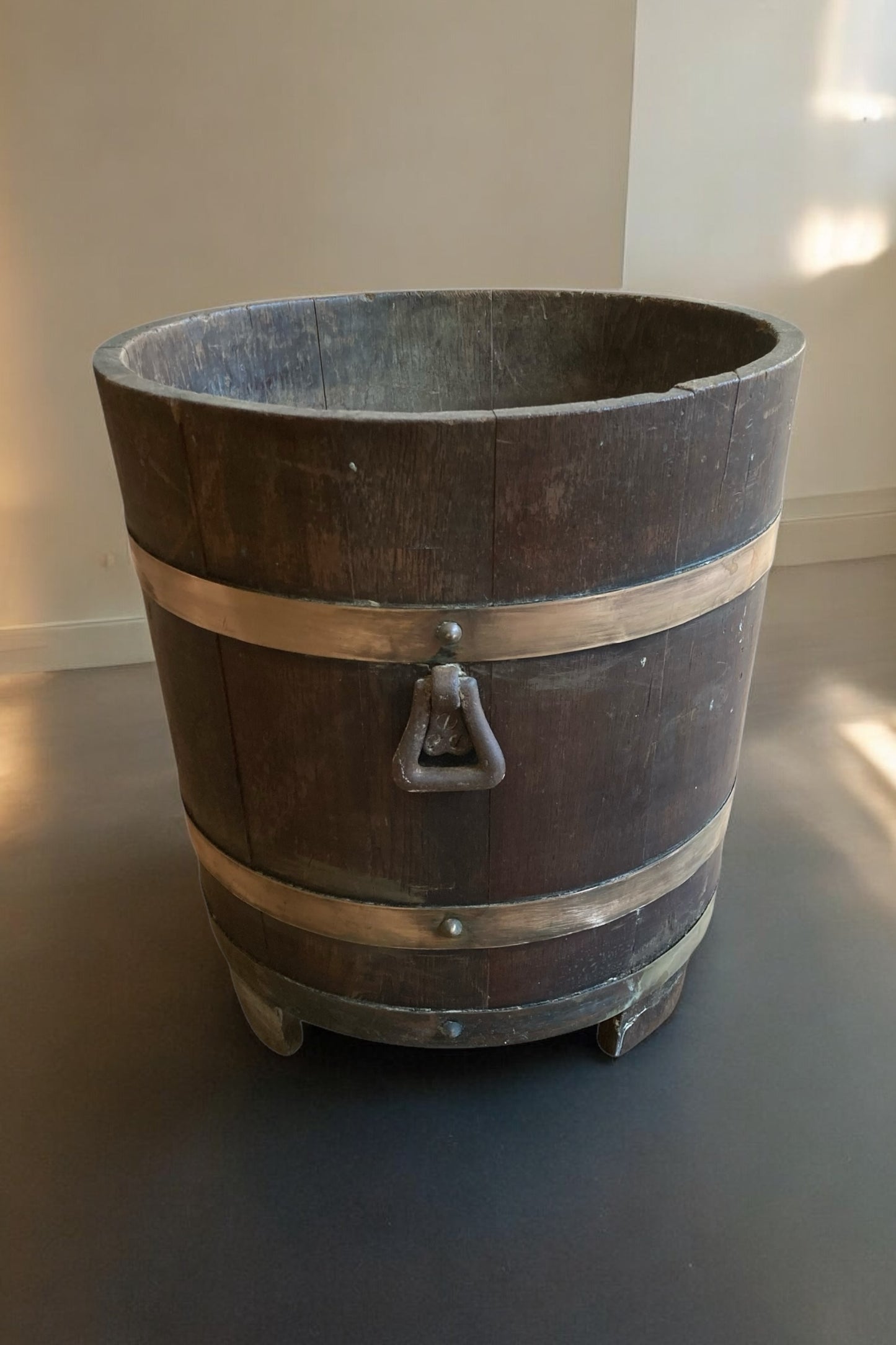 Two Plant buckets Antique Oak and Brass Bucket by R A Lister Ltd & Edwardian Chestnut wood Plant Trough Barrel.
