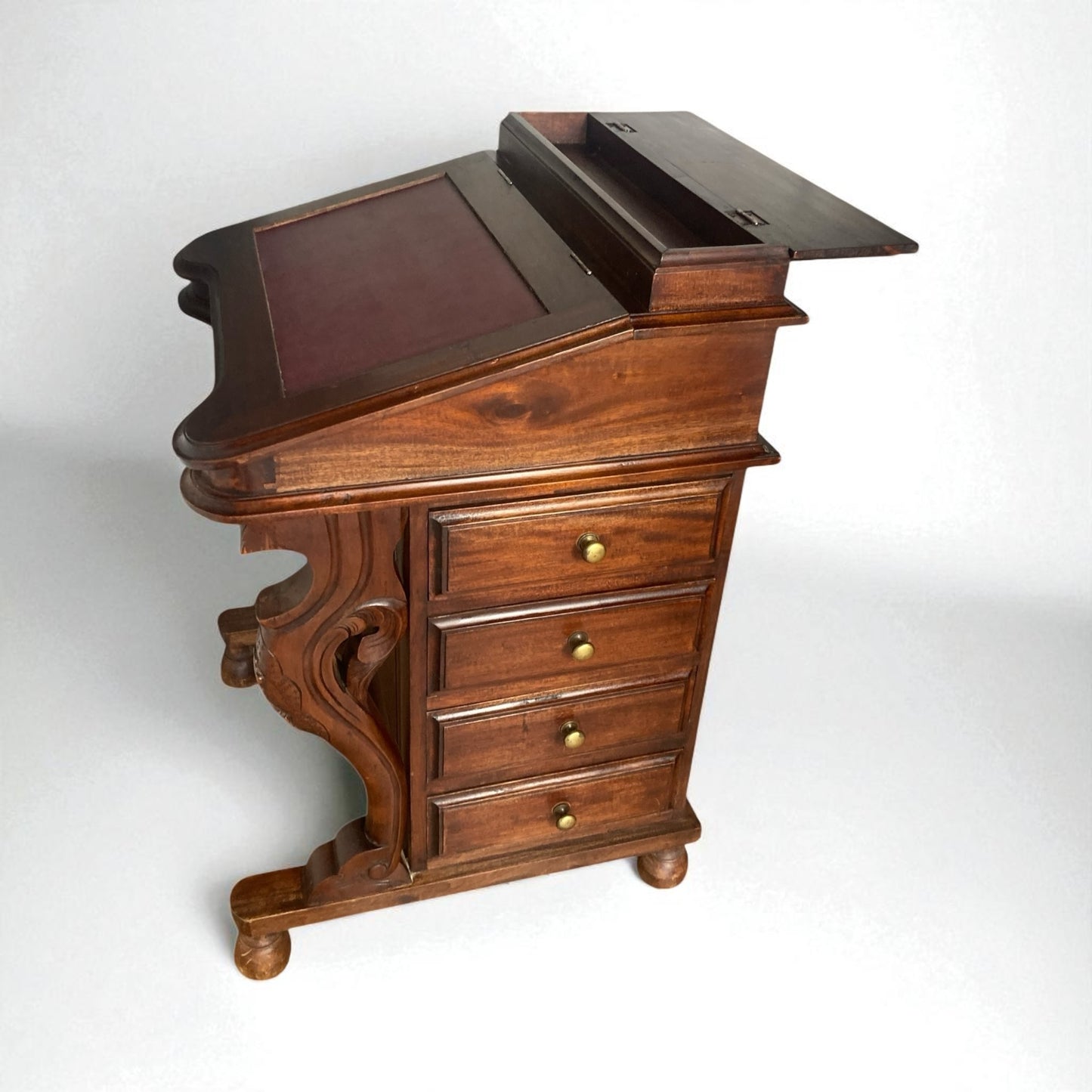 Mahogany Davenport Desk or Bureau With Faux Red Leather Sloped Writing area.